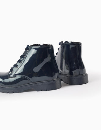 Botas de Verniz com Cordões de Veludo para Menina, Azul Escuro