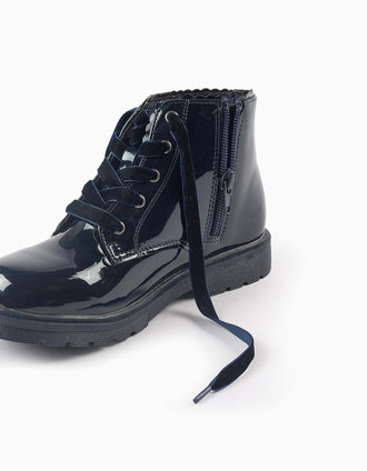 Botas de Verniz com Cordões de Veludo para Menina, Azul Escuro