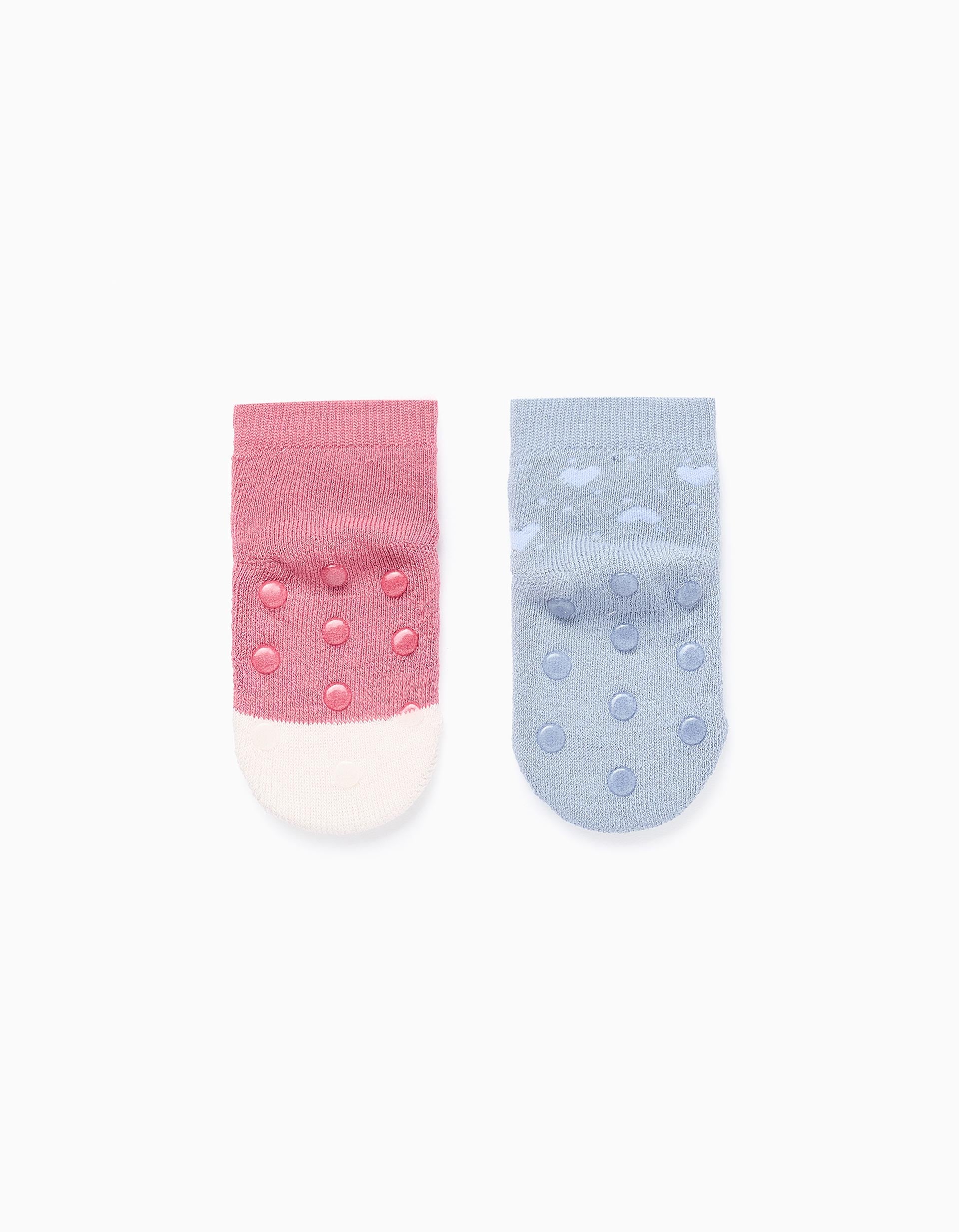 Pack 2 de Chaussettes Antidérapantes pour Bébé Fille 'Hearts', Bleu/Rose