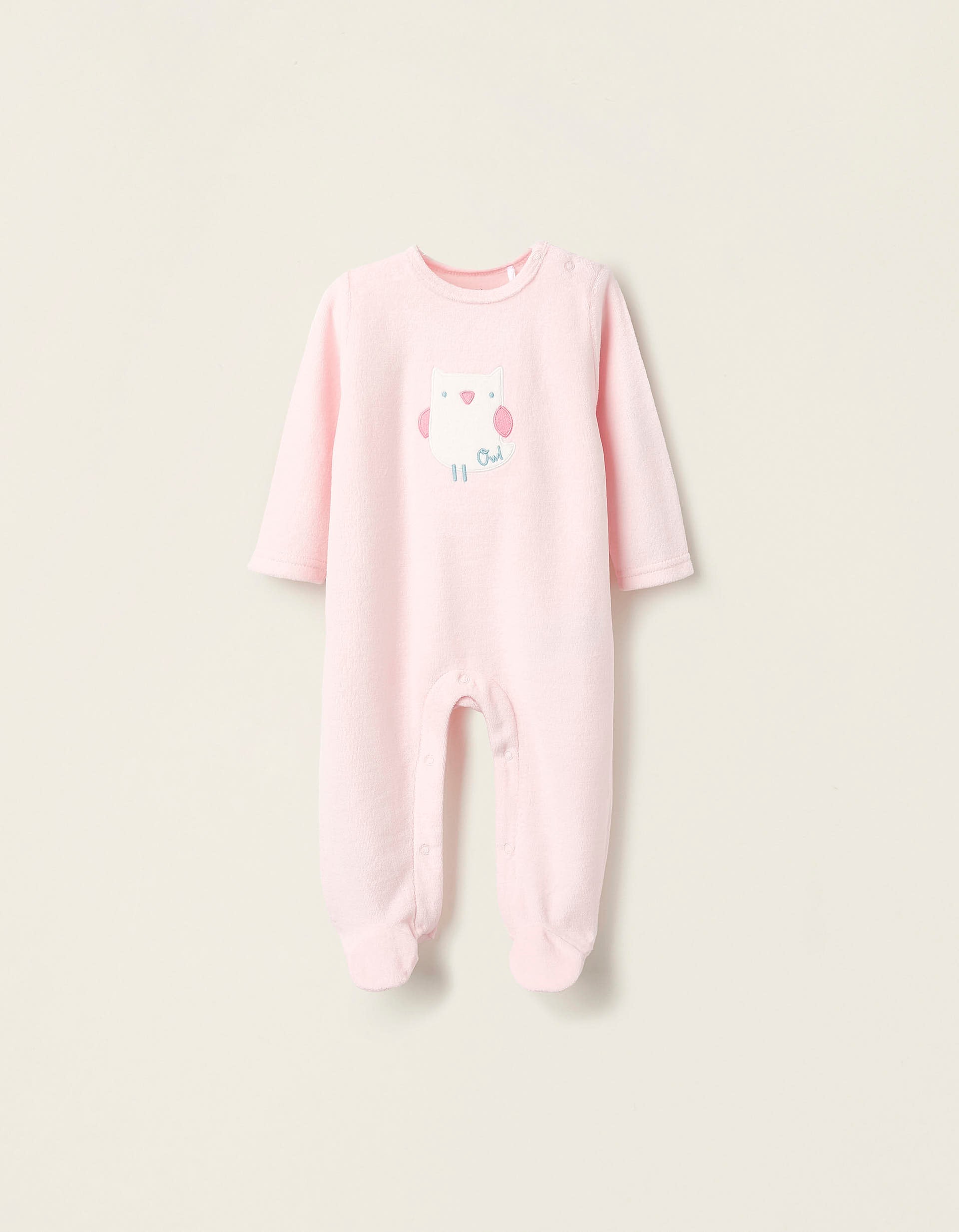 Velours Sleepsuit for Baby Girls 'Owl', Pink/White