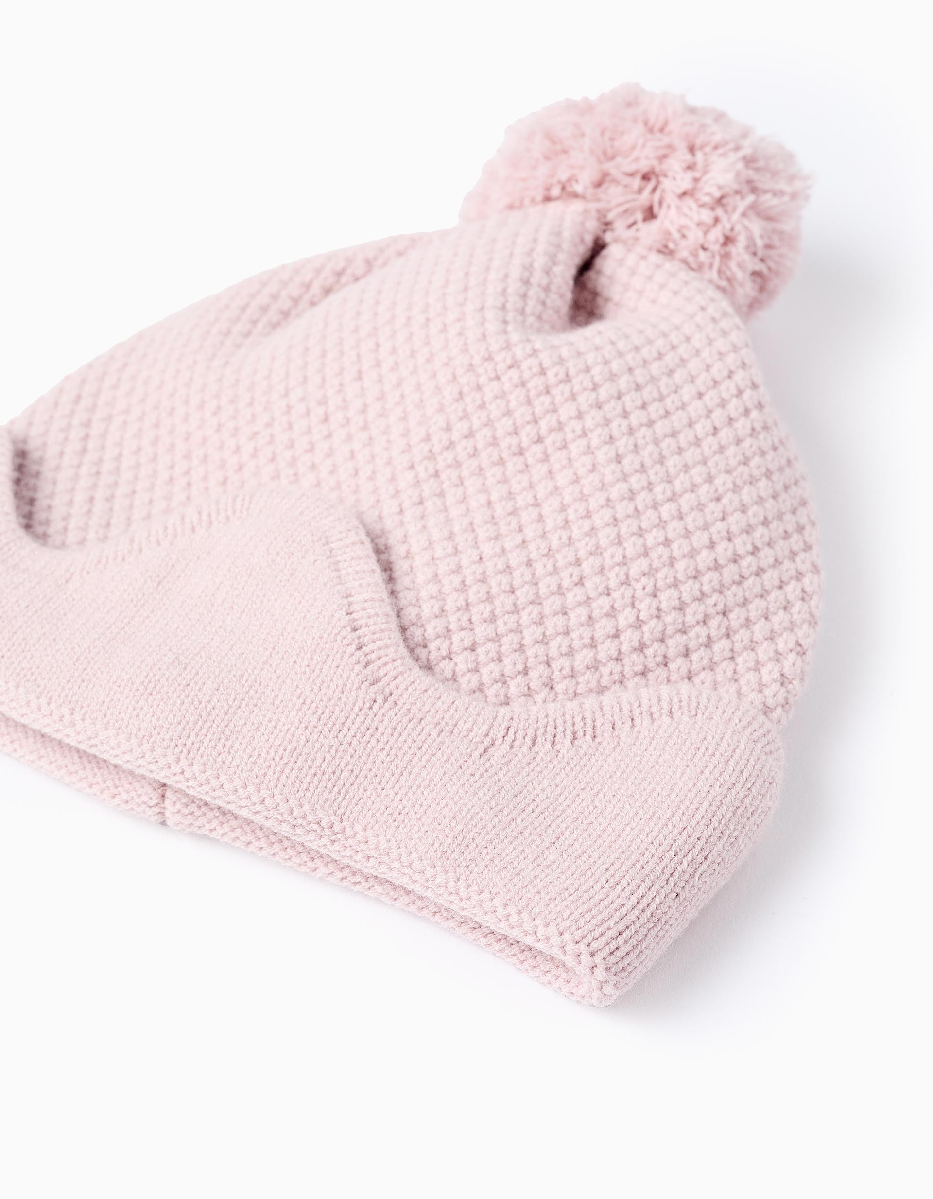 Gorro com Pompom e Base Ondulada para Menina, Rosa