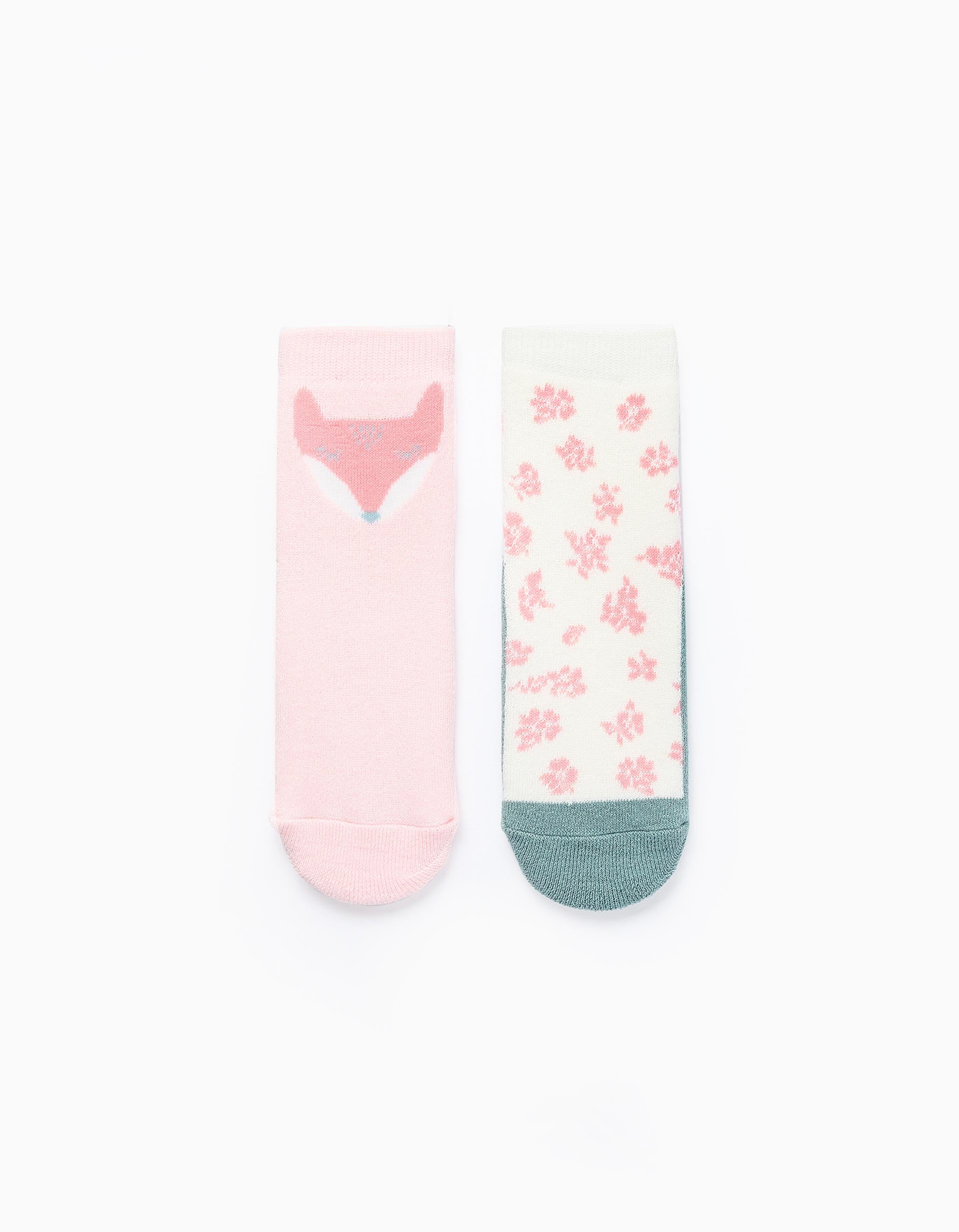 Pack 2 Chaussettes Antidérapantes pour Fille 'Renard', Rose/Vert