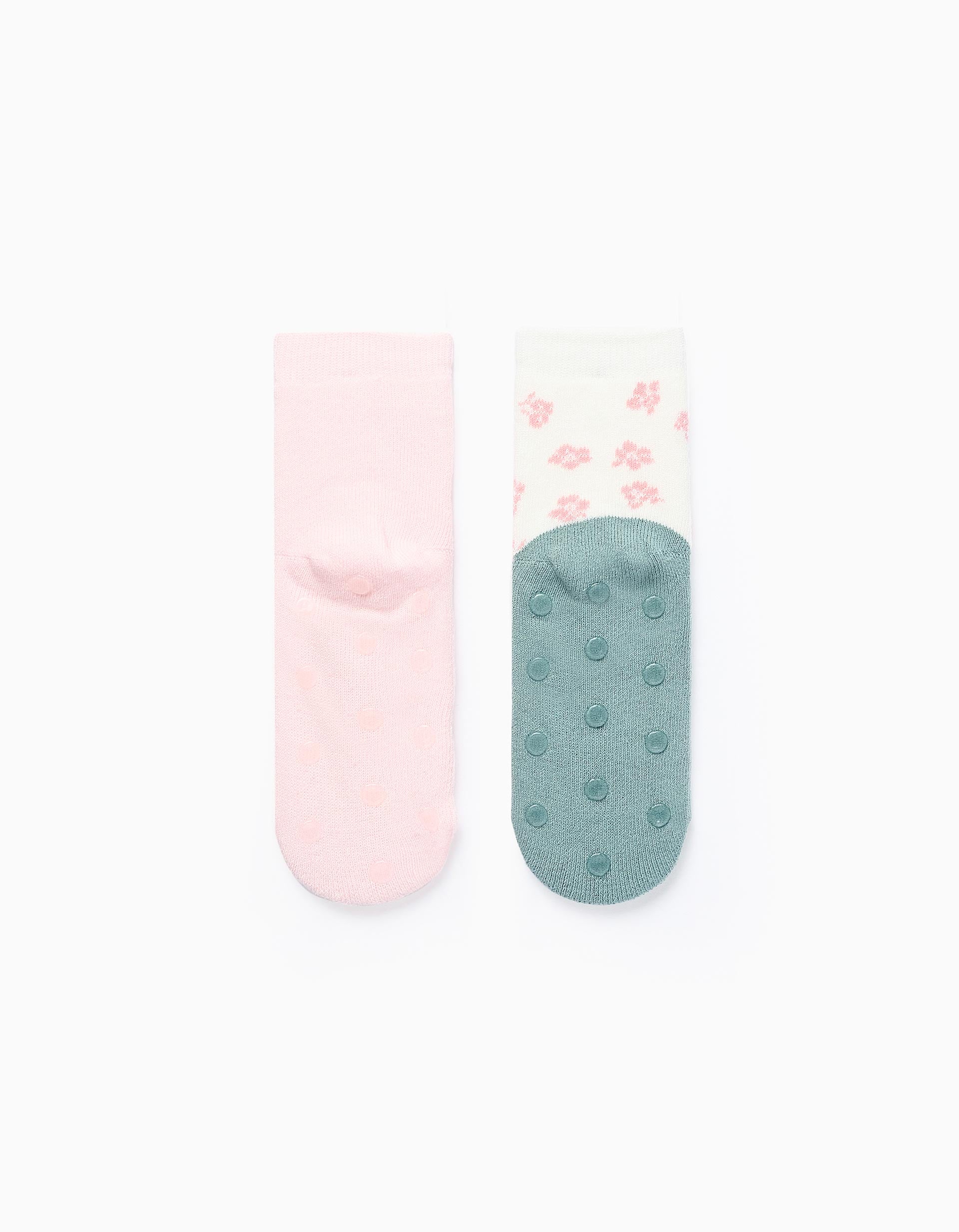 Pack 2 Chaussettes Antidérapantes pour Fille 'Renard', Rose/Vert