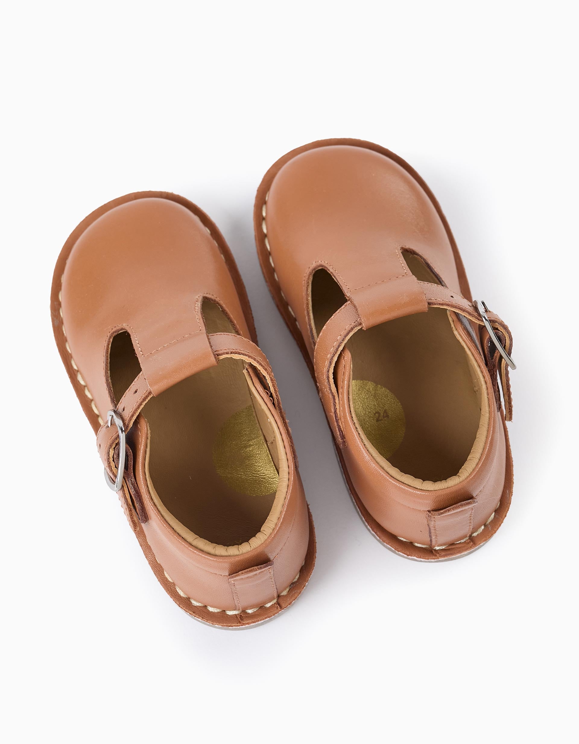 Leather Mary Jane Shoes for Baby Girls, Camel