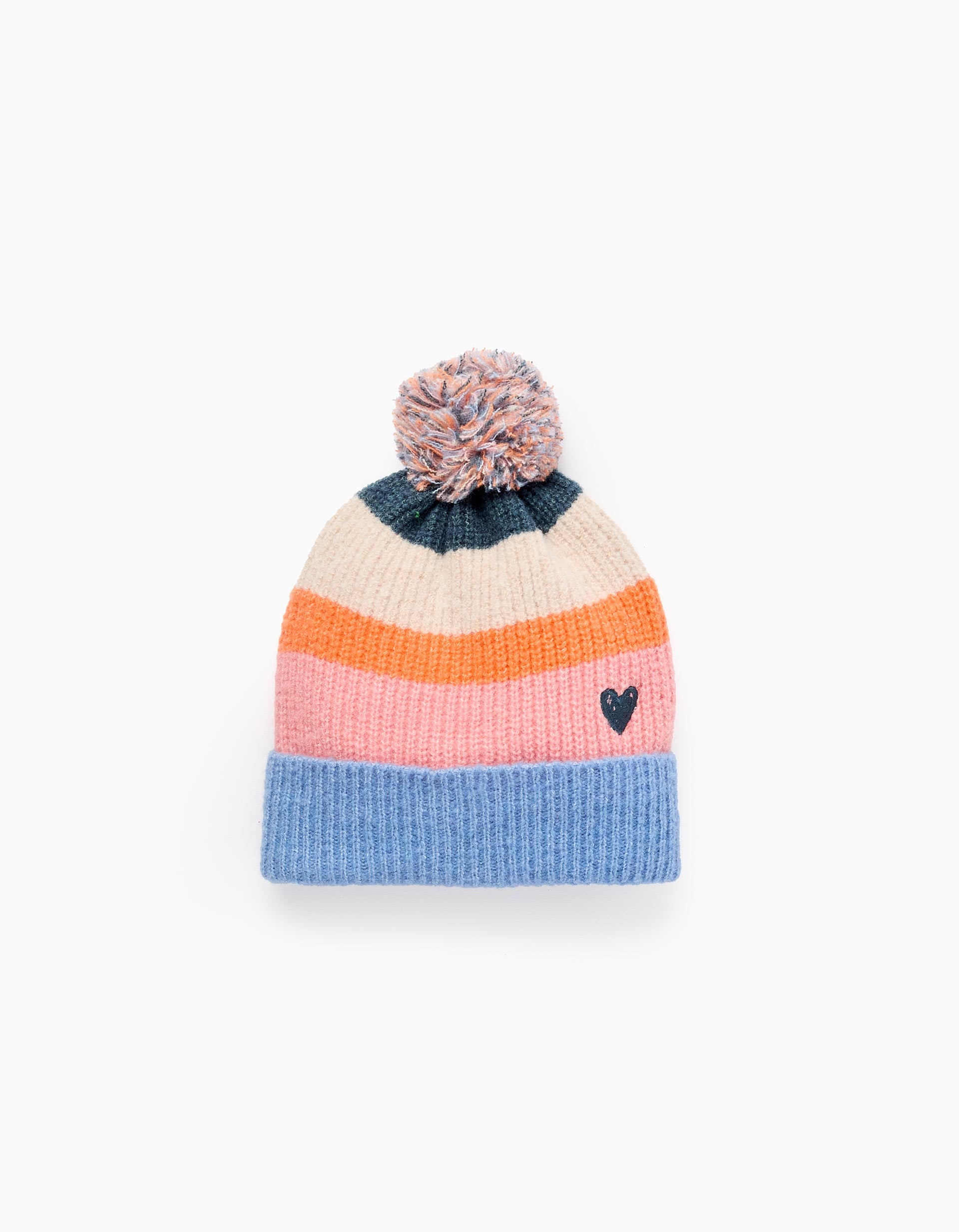 Bonnet Côtelé avec Pompon et Cœur, Multicolore