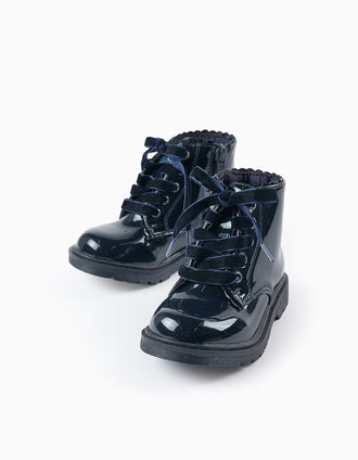 Botas de Verniz com Fecho de Correr para Bebé Menina, Azul Escuro