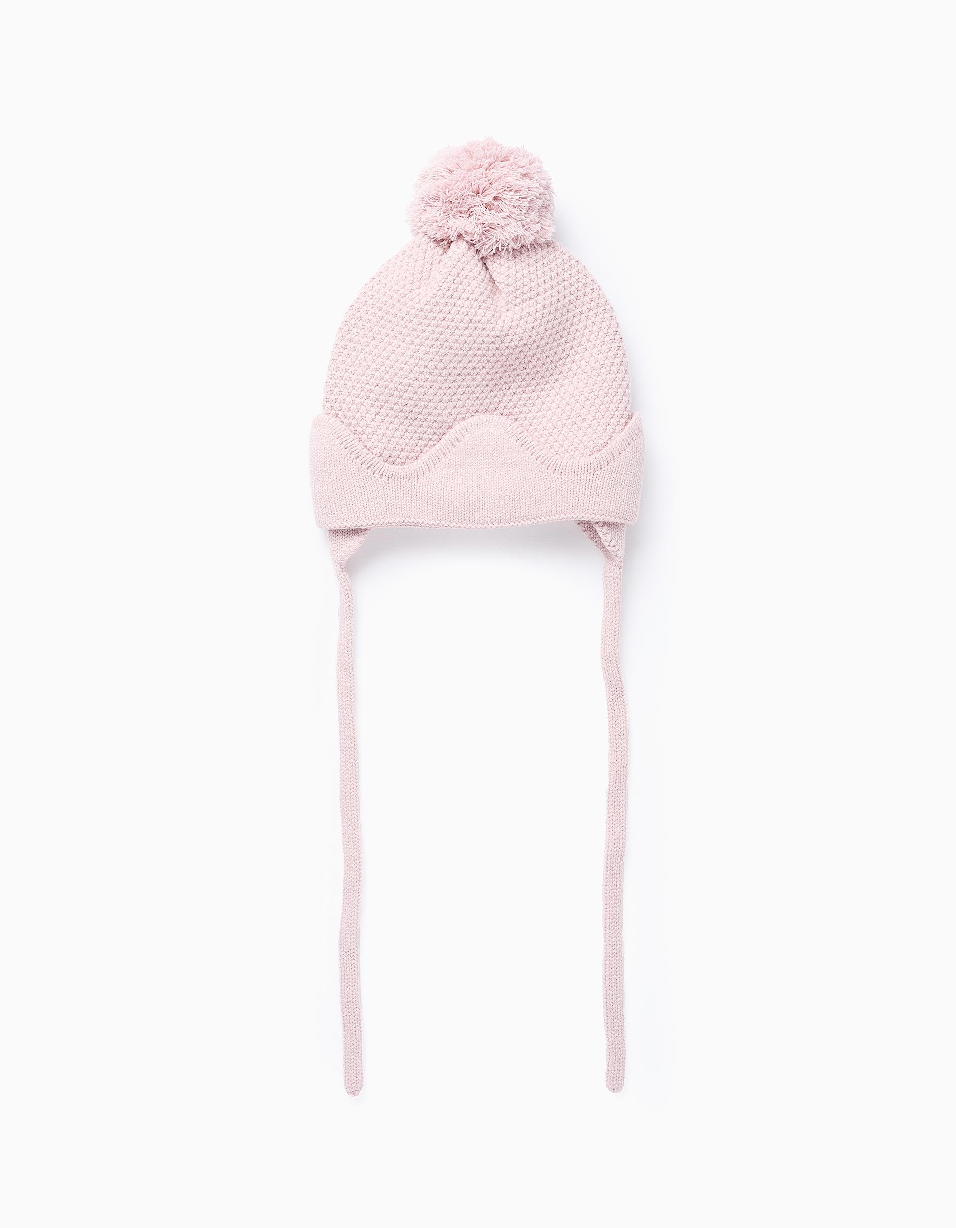 Bonnet avec Pompon et Base Ondulée pour Bébé Fille, Rose