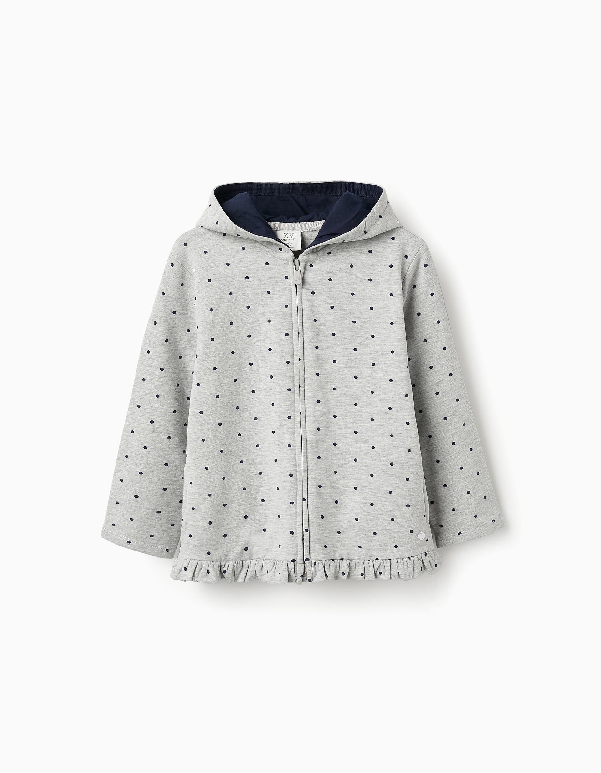 Polka Dot Hooded Jacket for Girls, Grey/Navy Blue