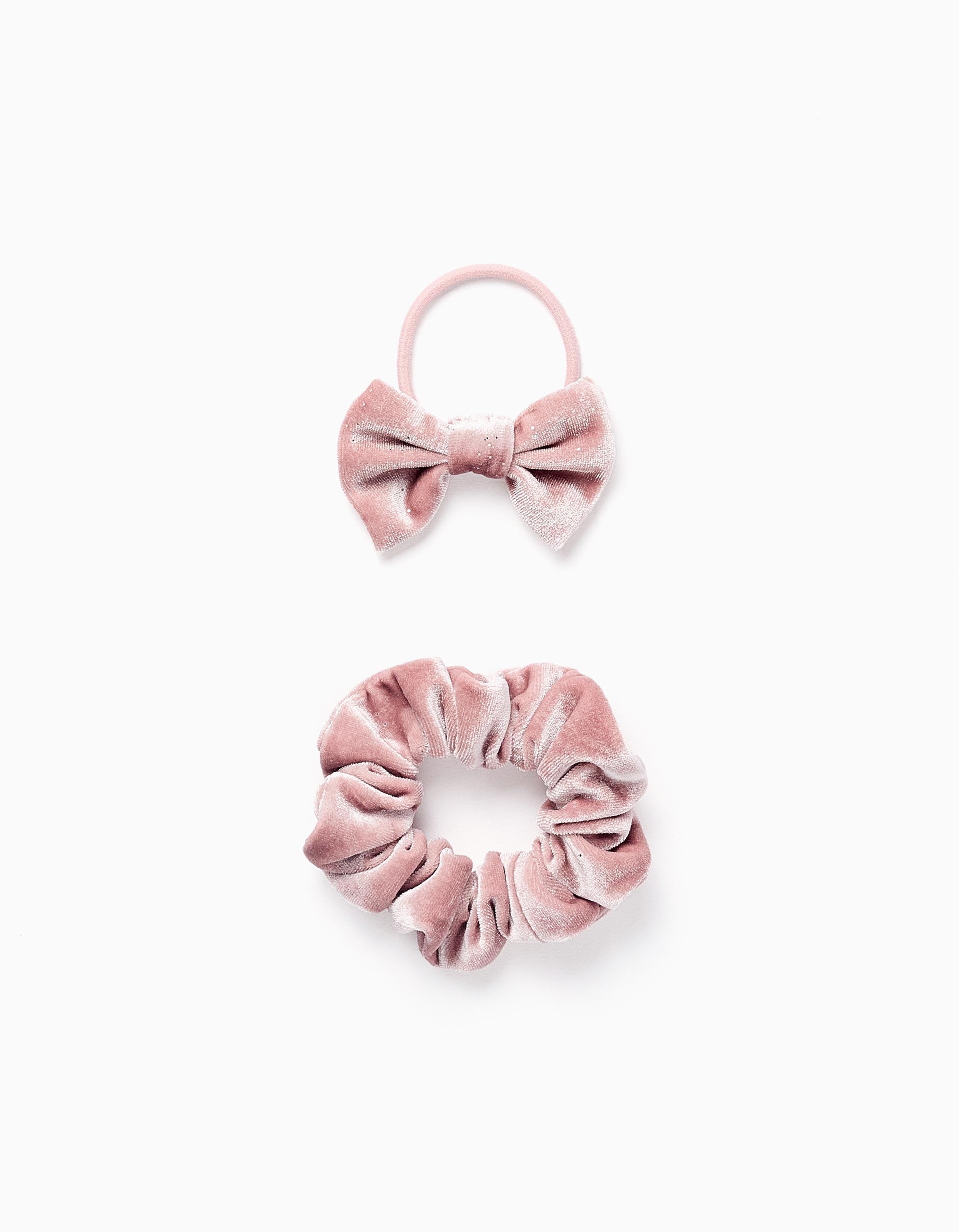 Coletero Scrunchie + Elástico de Cabello con Lazo de Terciopelo para Bebé y Niña, Rosa