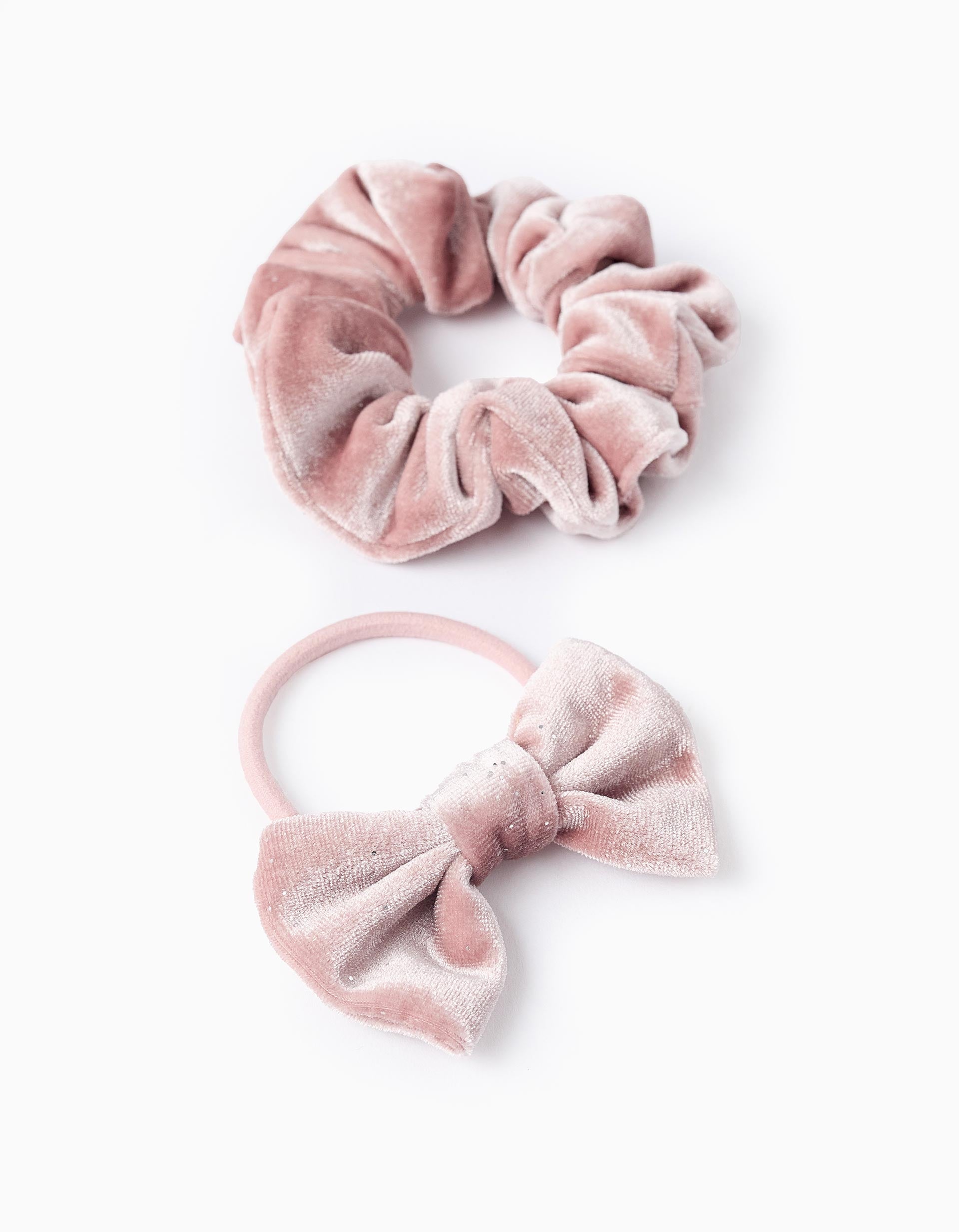 Chouchou + Élastique à Cheveux avec Nœud en Velours Bébé et Fille, Rose