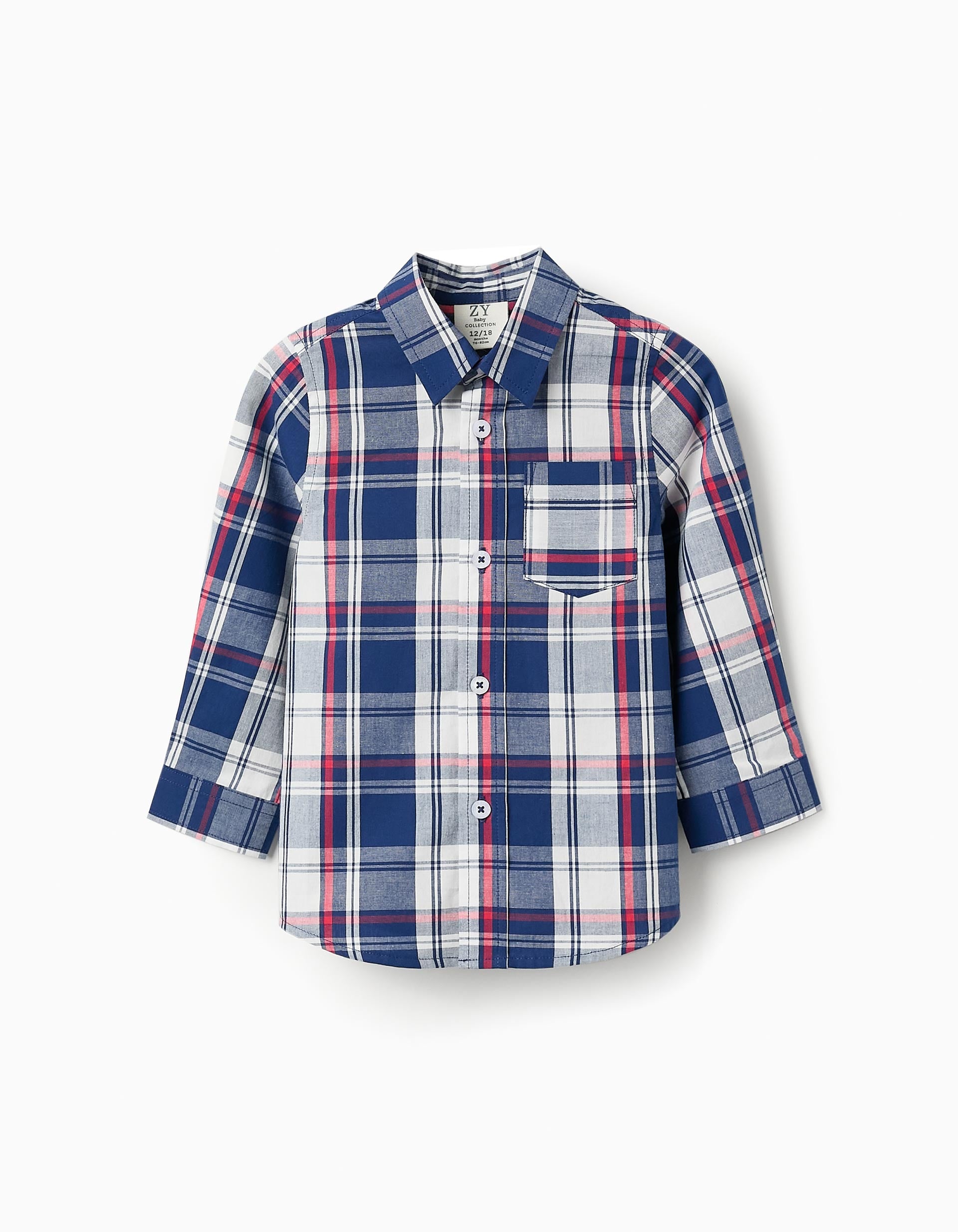 Camisa de Algodón con Cuadros para Bebé Niño, Azul/Rojo/Blanco