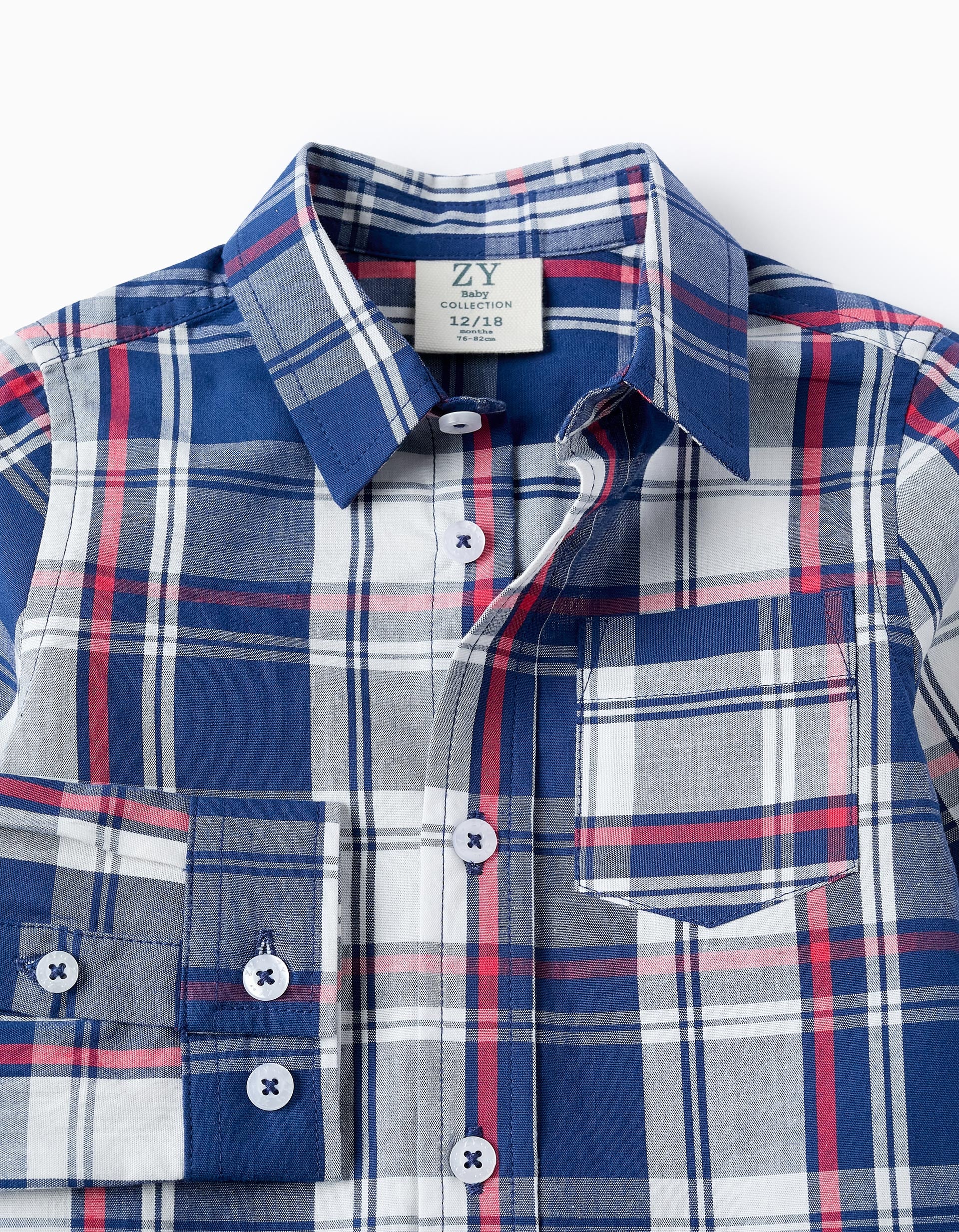 Camisa de Algodón con Cuadros para Bebé Niño, Azul/Rojo/Blanco