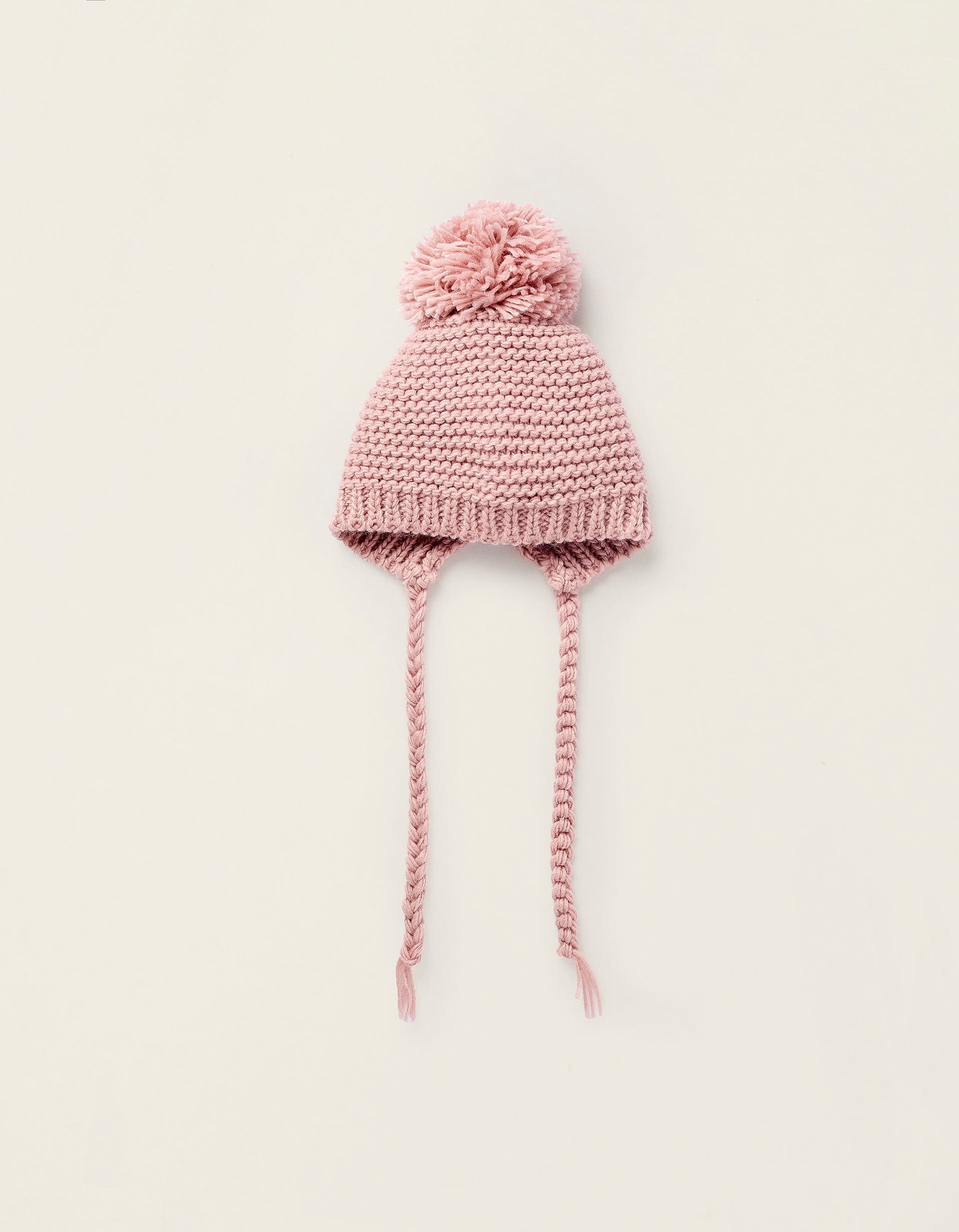 Gorro de Punto Grueso con Pompón para Recién Nacida, Rosa