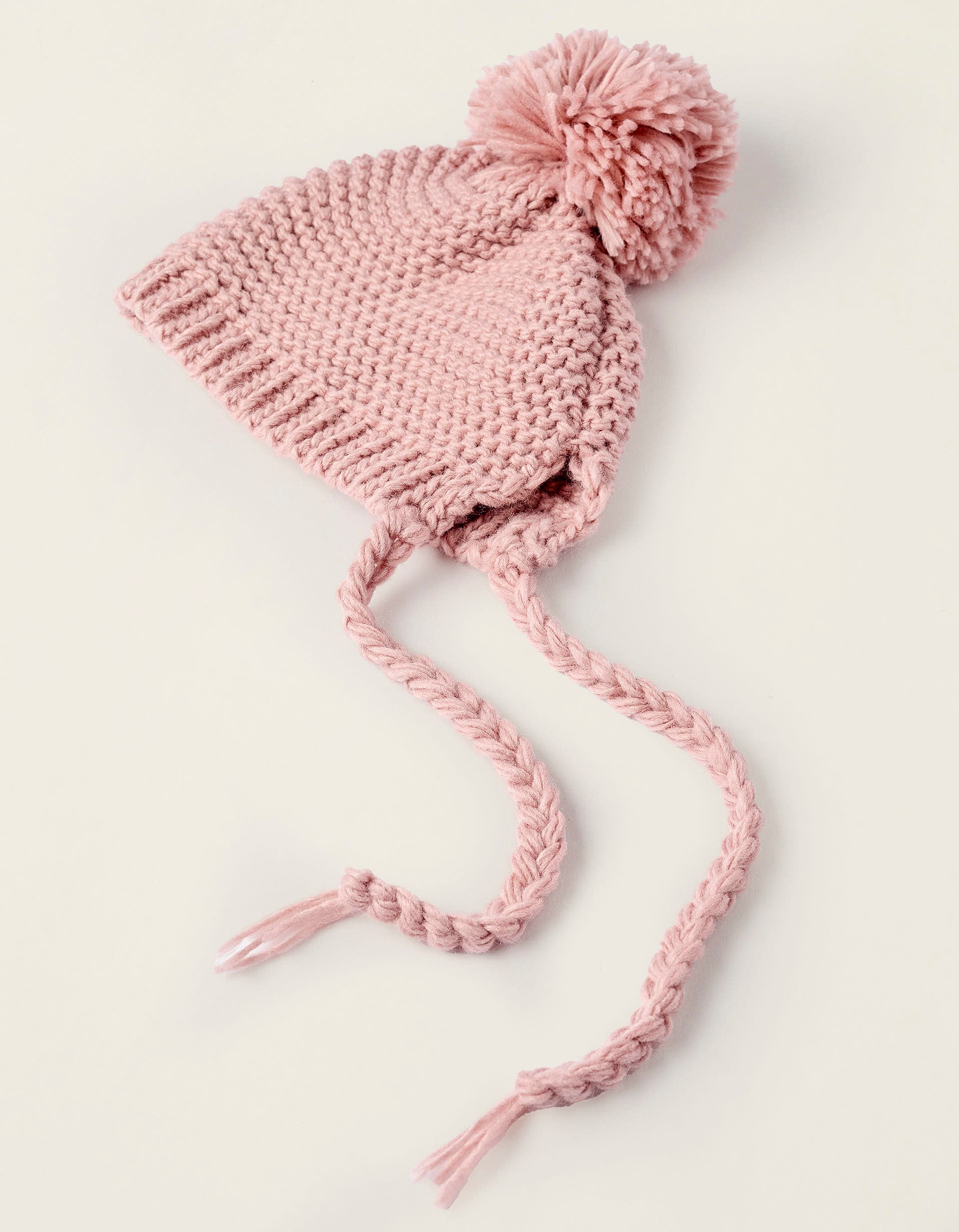 Gorro de Punto Grueso con Pompón para Recién Nacida, Rosa