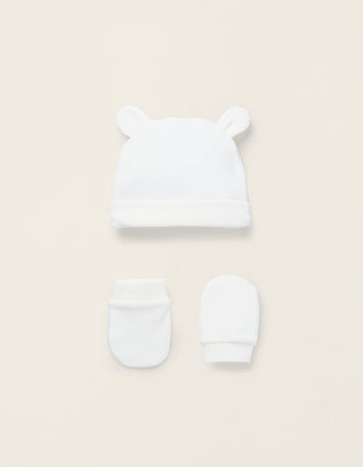 Beanie + Cotton Mittens for Newborns, White