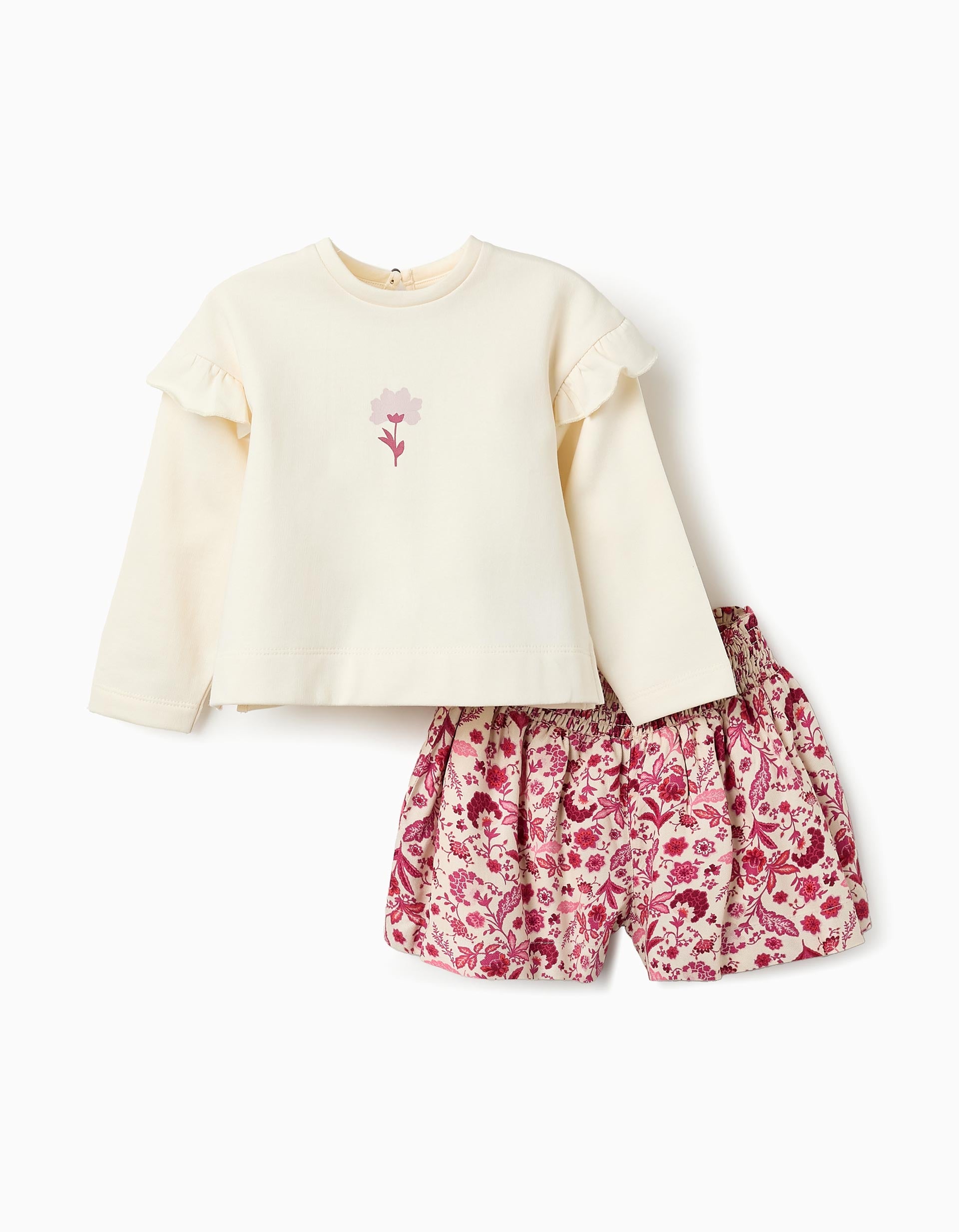 Sudadera + Bermuda Floral para Bebé Niña, Blanco/Rosa