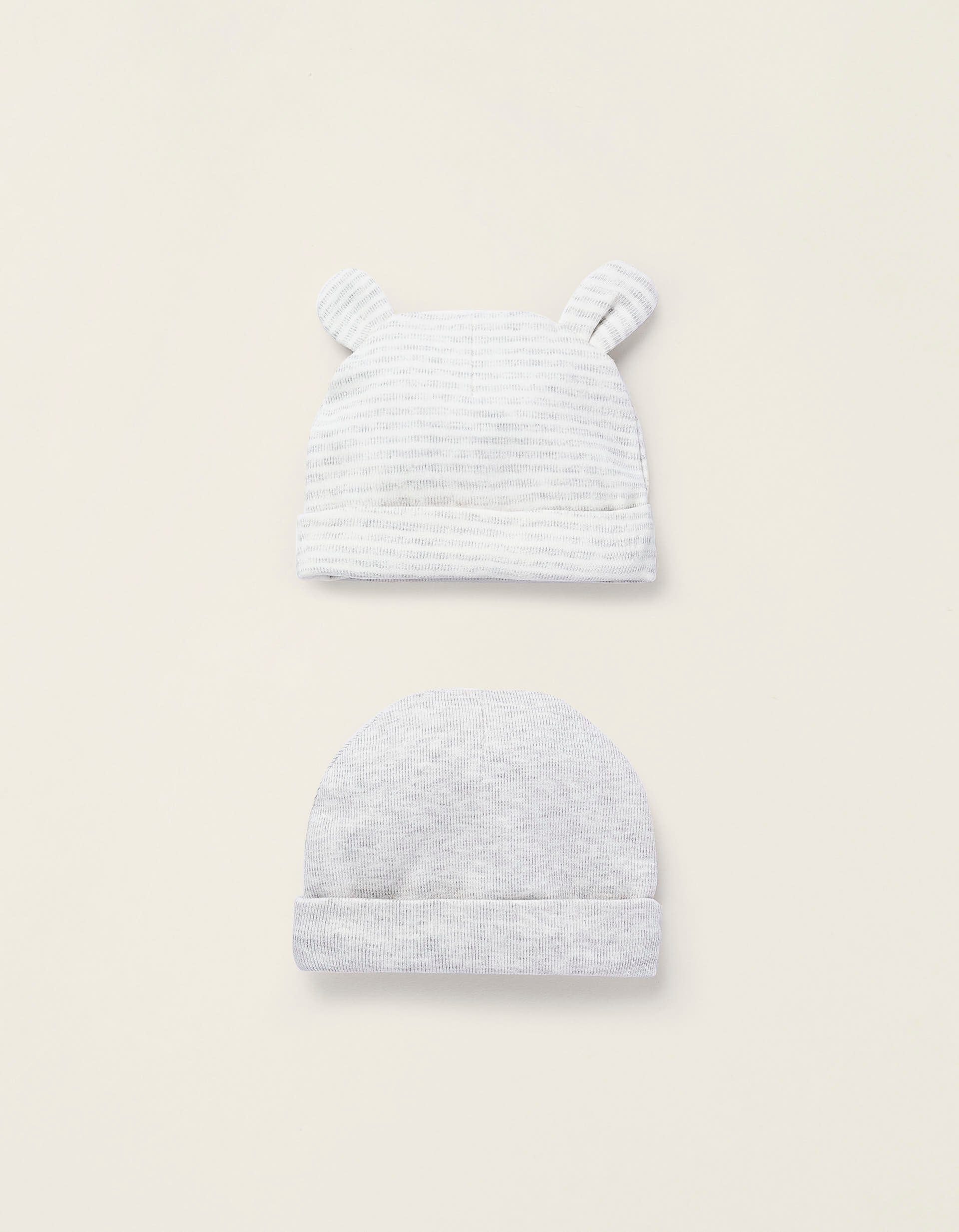 Pack 2 Bonnets en Coton pour Nouveau-né, Blanc/Gris