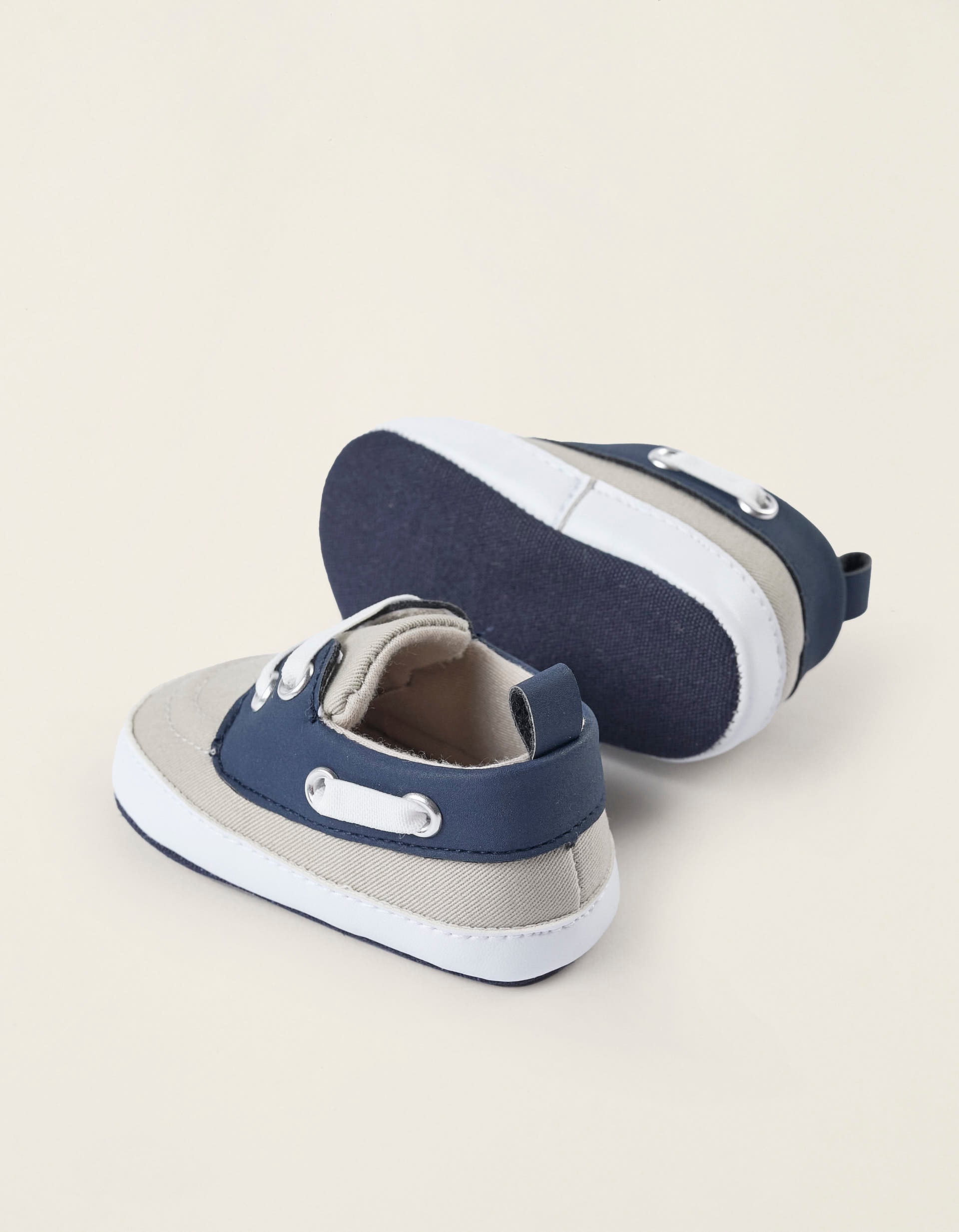 Deck Shoes for Newborn Boys, Beige/Navy Blue