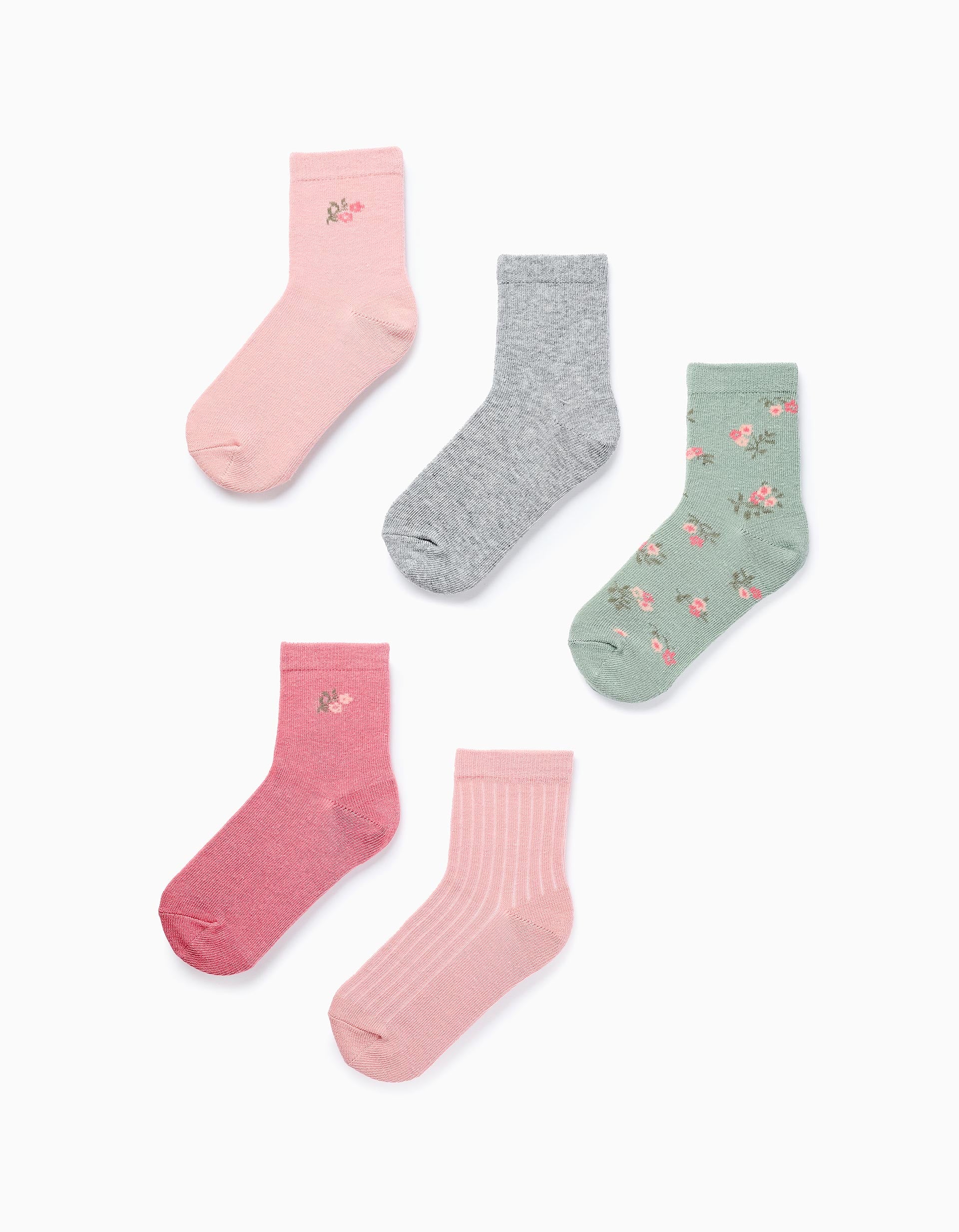 Pack 5 Paires de Chaussettes Unies/Fleurs pour Fille, Rose/Vert/Gris