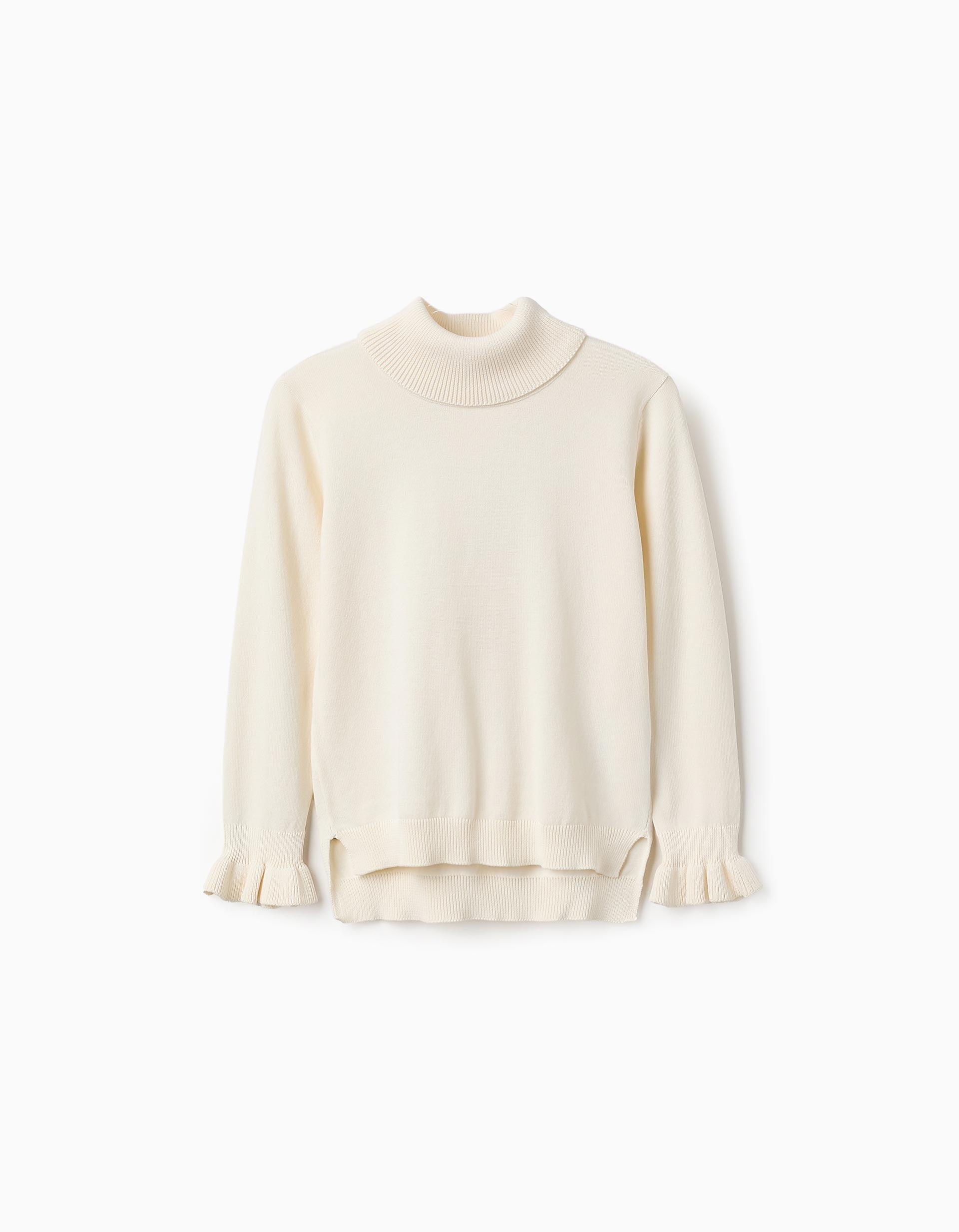 Pull en Maille à Col Roulé et Poignets Ondulés pour Fille, Blanc