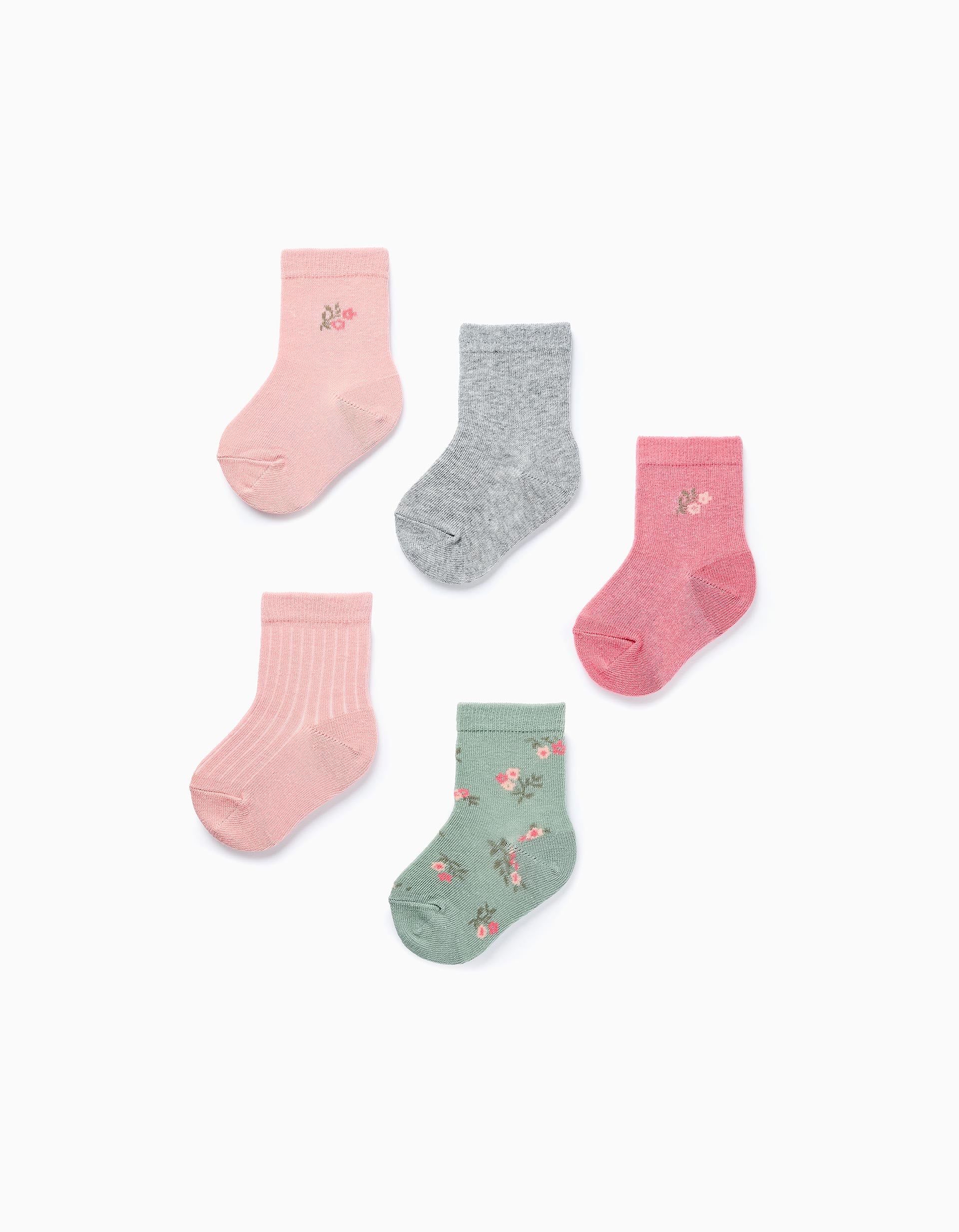 Pack 5 Paires de Chaussettes Unies/Fleurs pour Bébé Fille, Rose/Vert