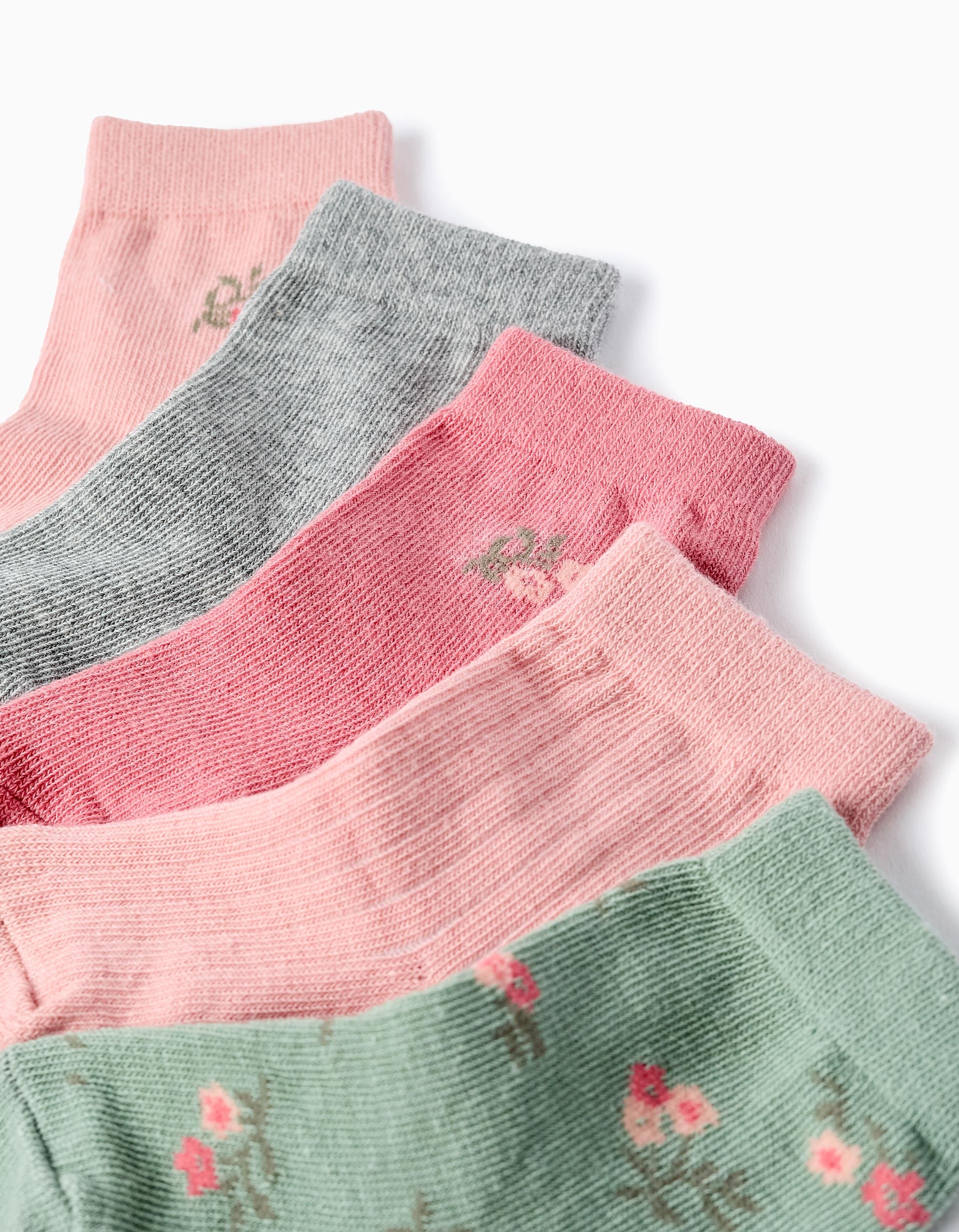 Pack 5 Paires de Chaussettes Unies/Fleurs pour Bébé Fille, Rose/Vert