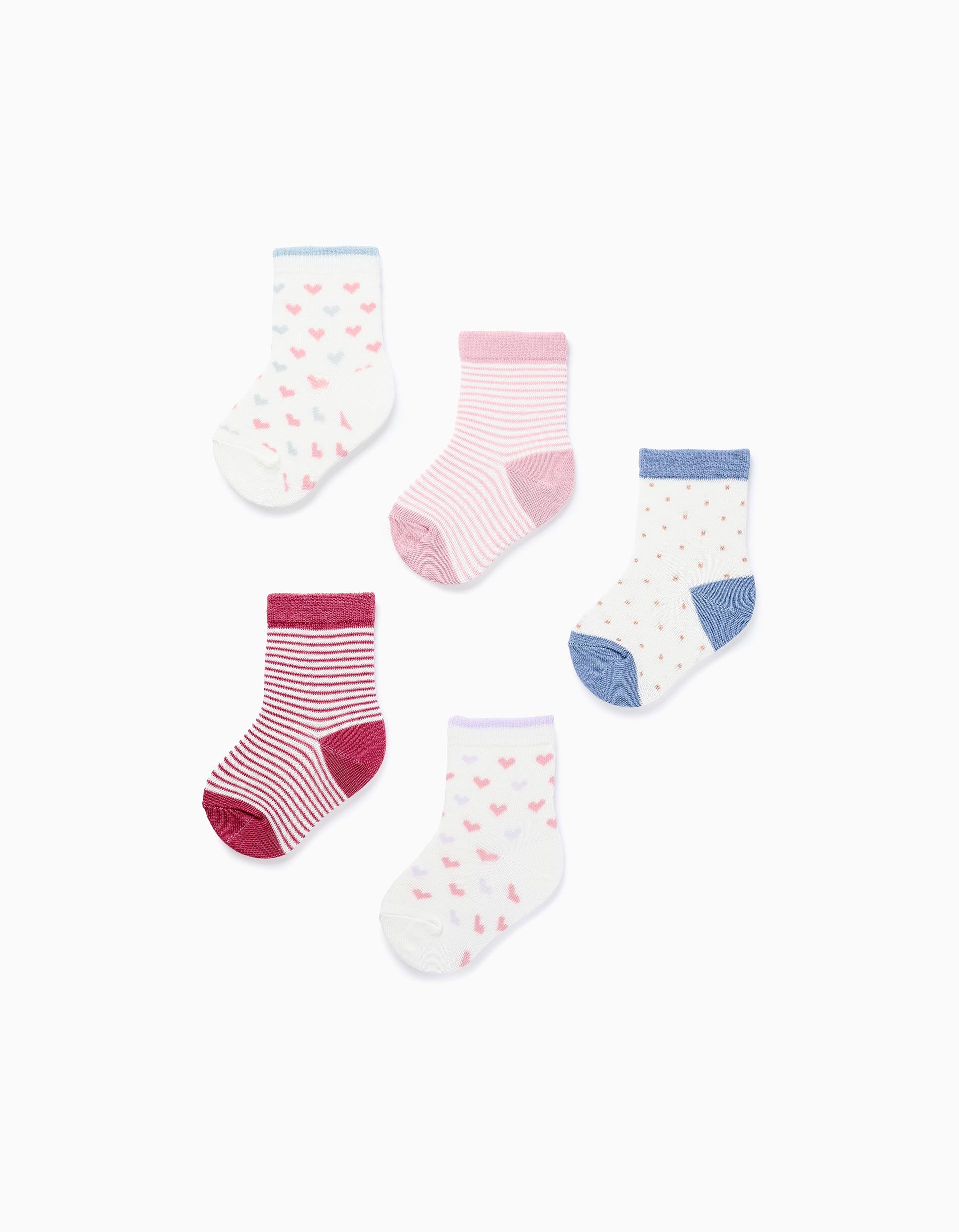 Pack 5 Pares de Meias com Motivo para Bebé Menina, Rosa/Azul/Lilás