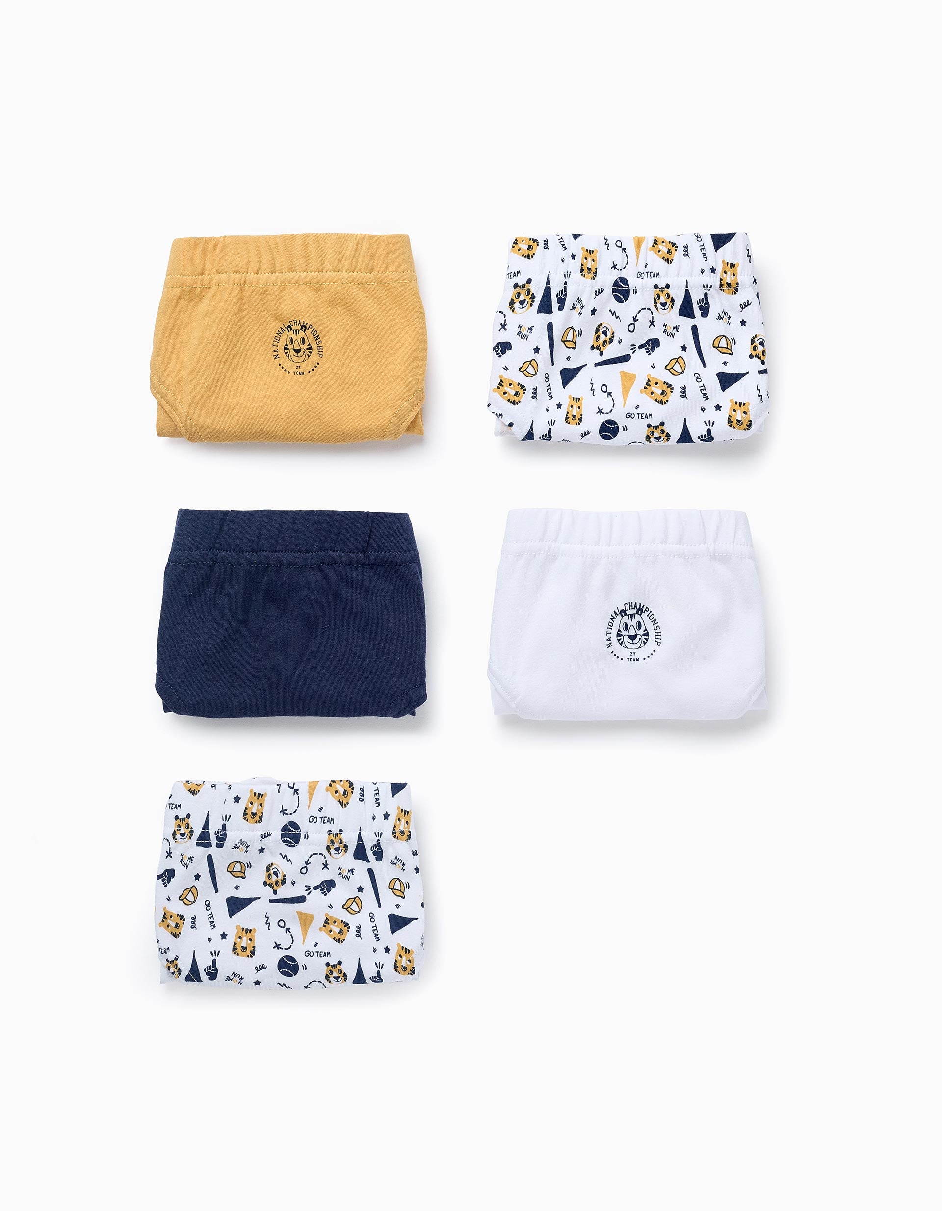 Pack 5 Cuecas para Menino 'Basebol', Branco/Azul/Amarelo