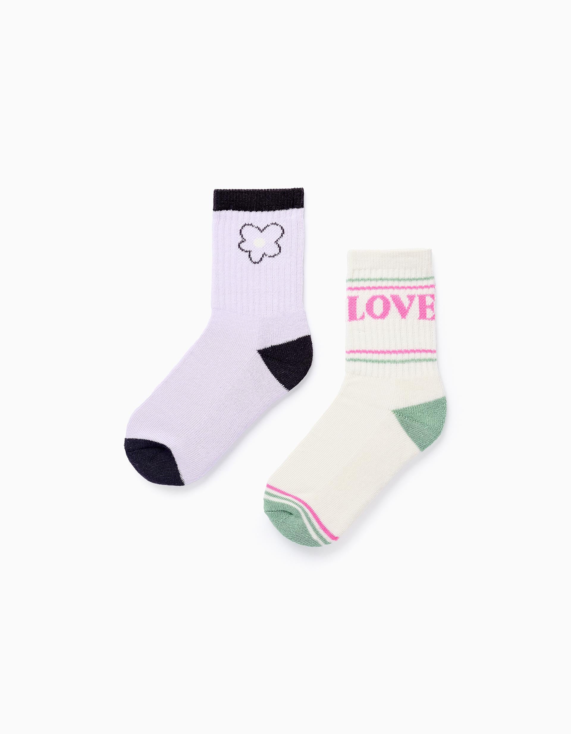 Pack 2 Pairs of Retro Socks for Girls 'Love', Lilac/Beige