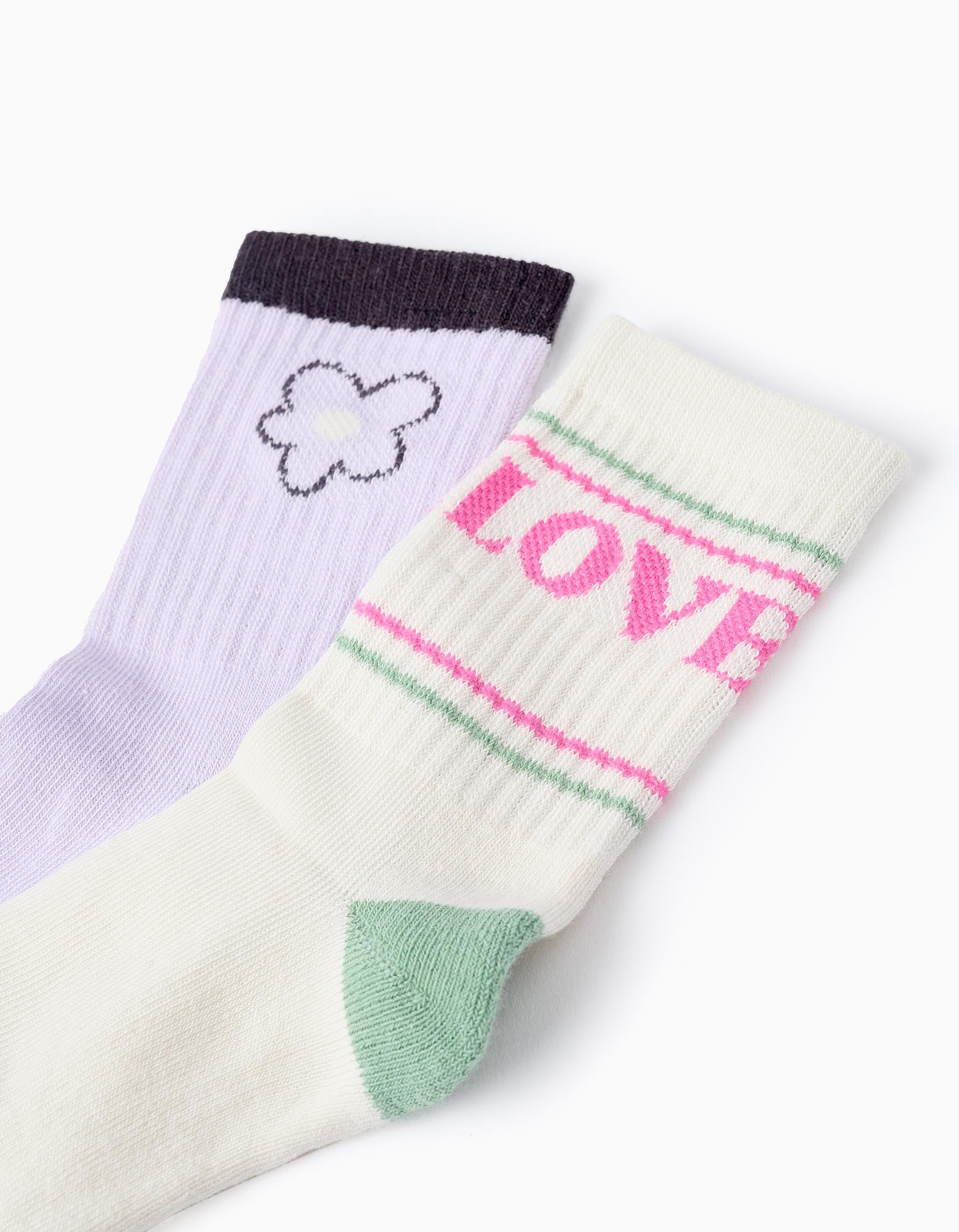 Pack 2 Pairs of Retro Socks for Girls 'Love', Lilac/Beige