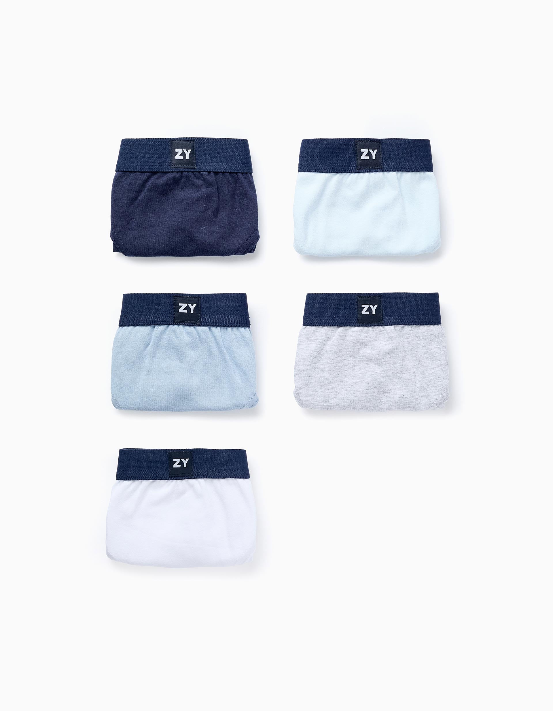 Pack 5 Cuecas Lisas para Menino, Azul/Cinza/Branco