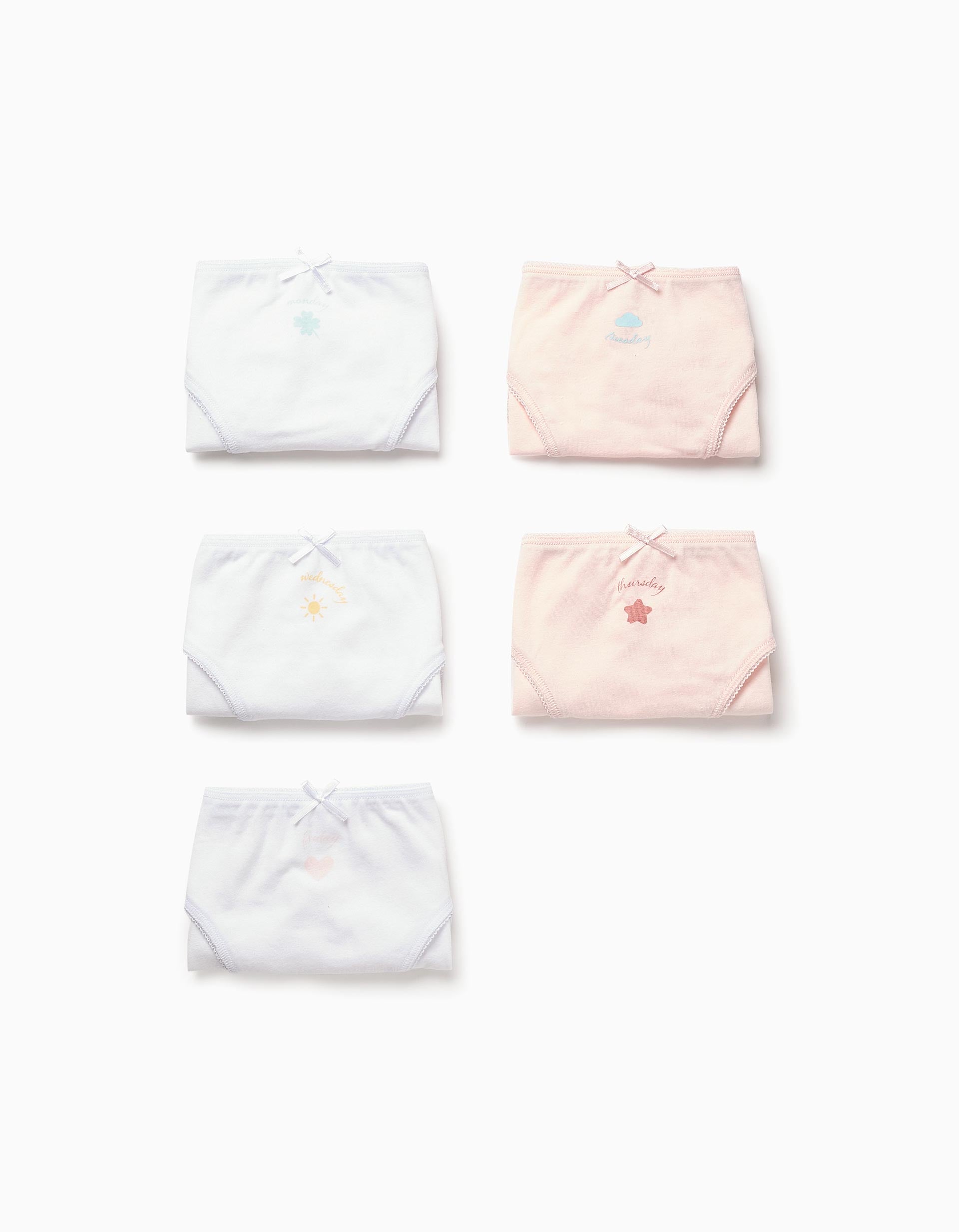 Pack 5 Cuecas para Menina 'Dias da Semana', Branco/Rosa