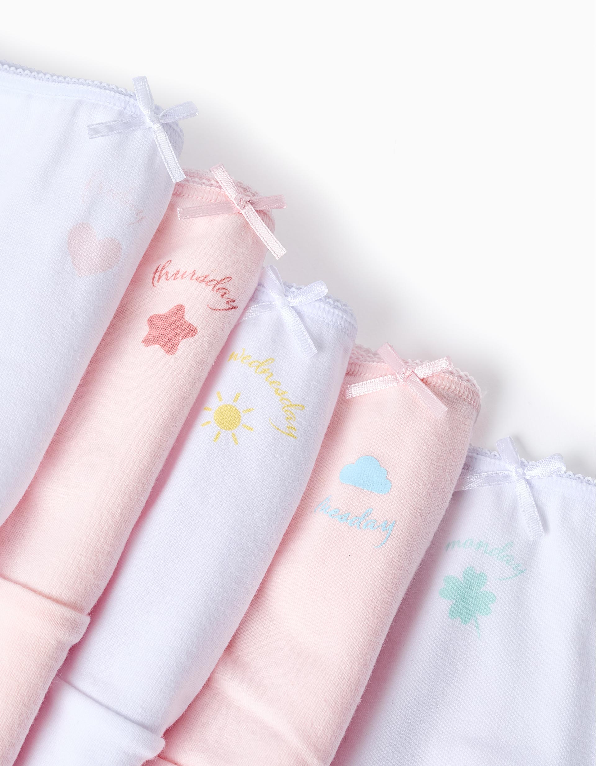 Pack 5 Cuecas para Menina 'Dias da Semana', Branco/Rosa