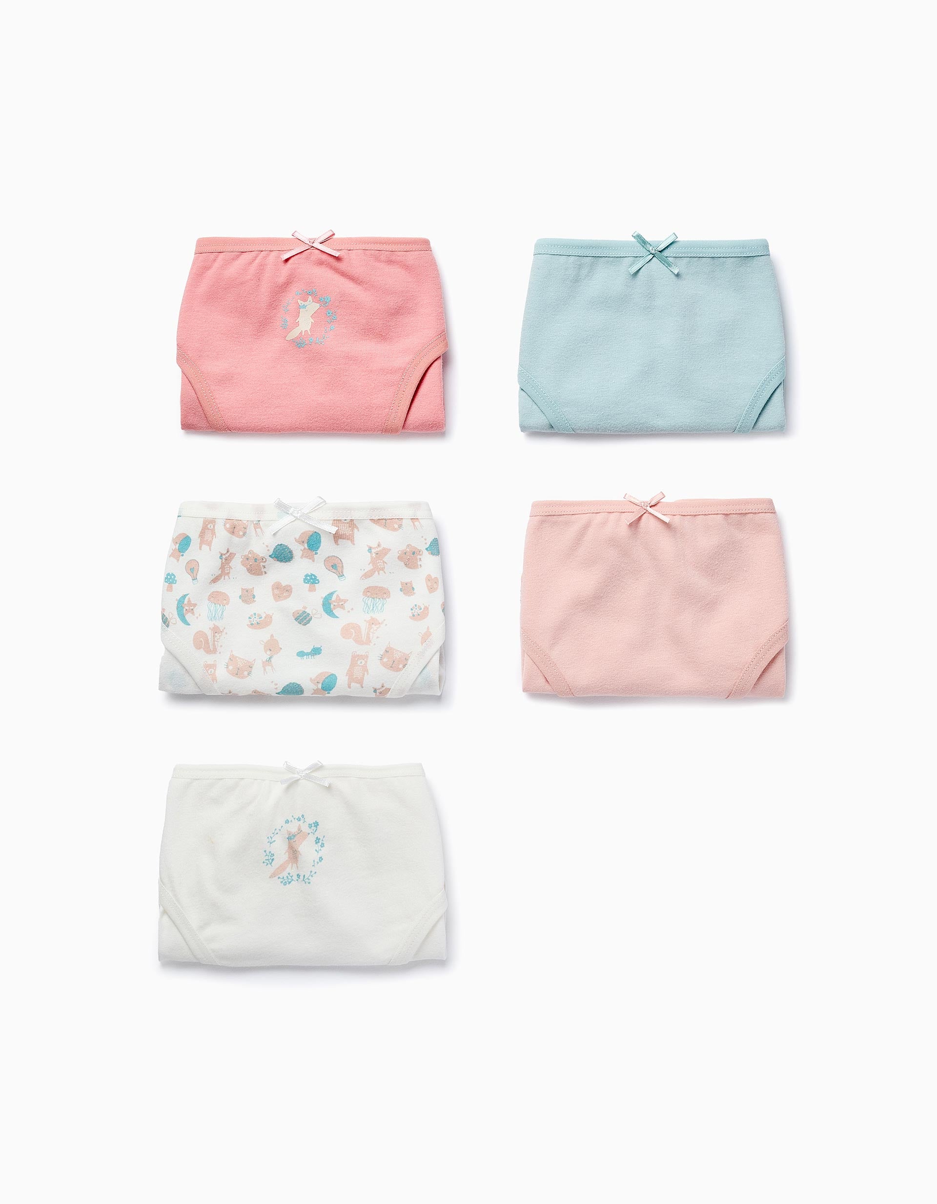 Pack of 5 Briefs for Girls 'Fox', White/Pink/Blue