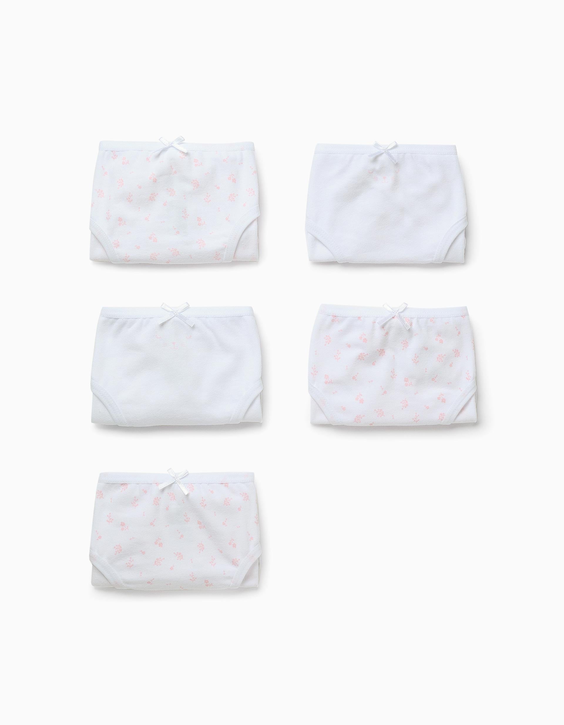 Pack of 5 Briefs for Girls 'Flowers', White/Pink