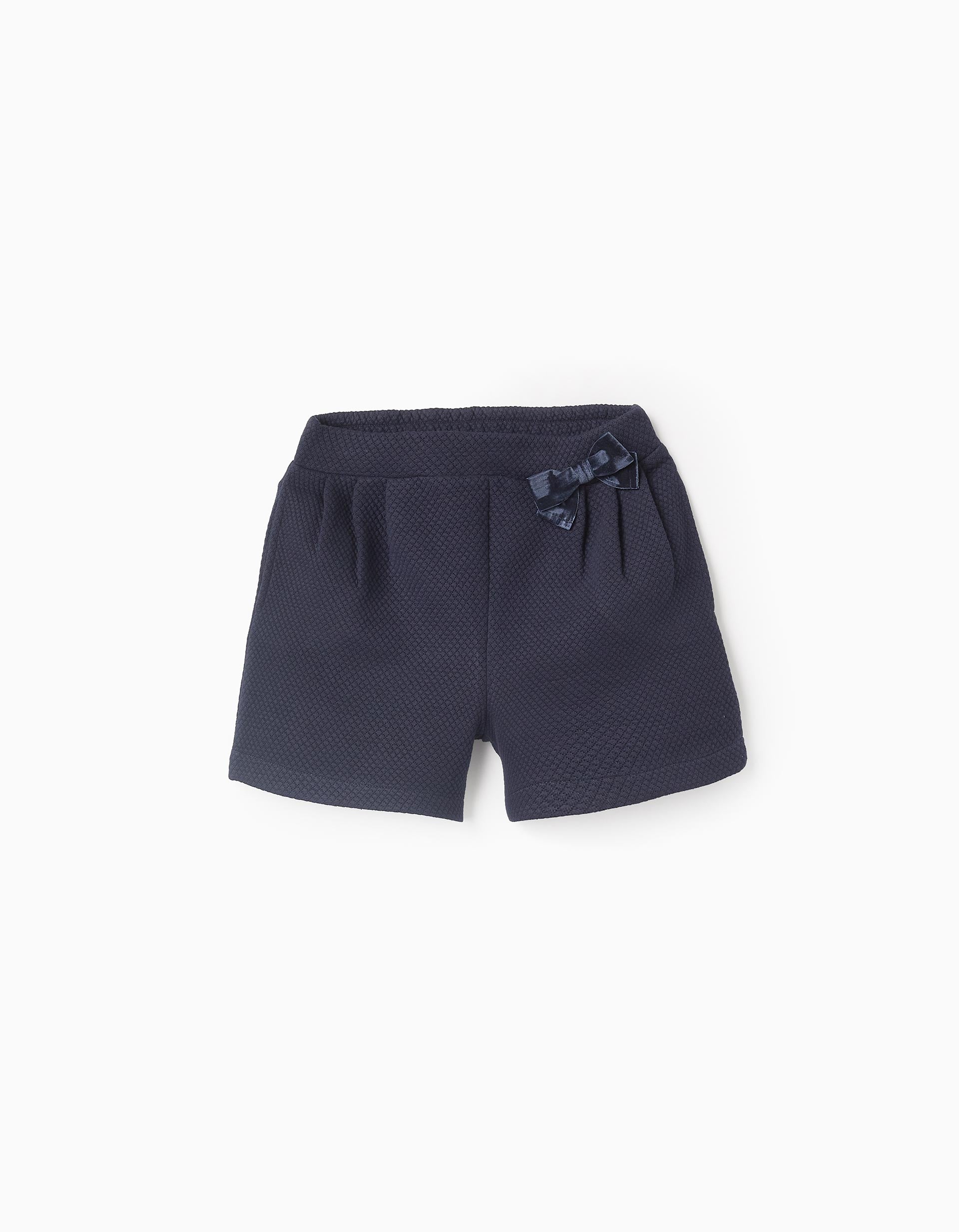 Textured Shorts with Velvet Bow for Girls, Dark Blue