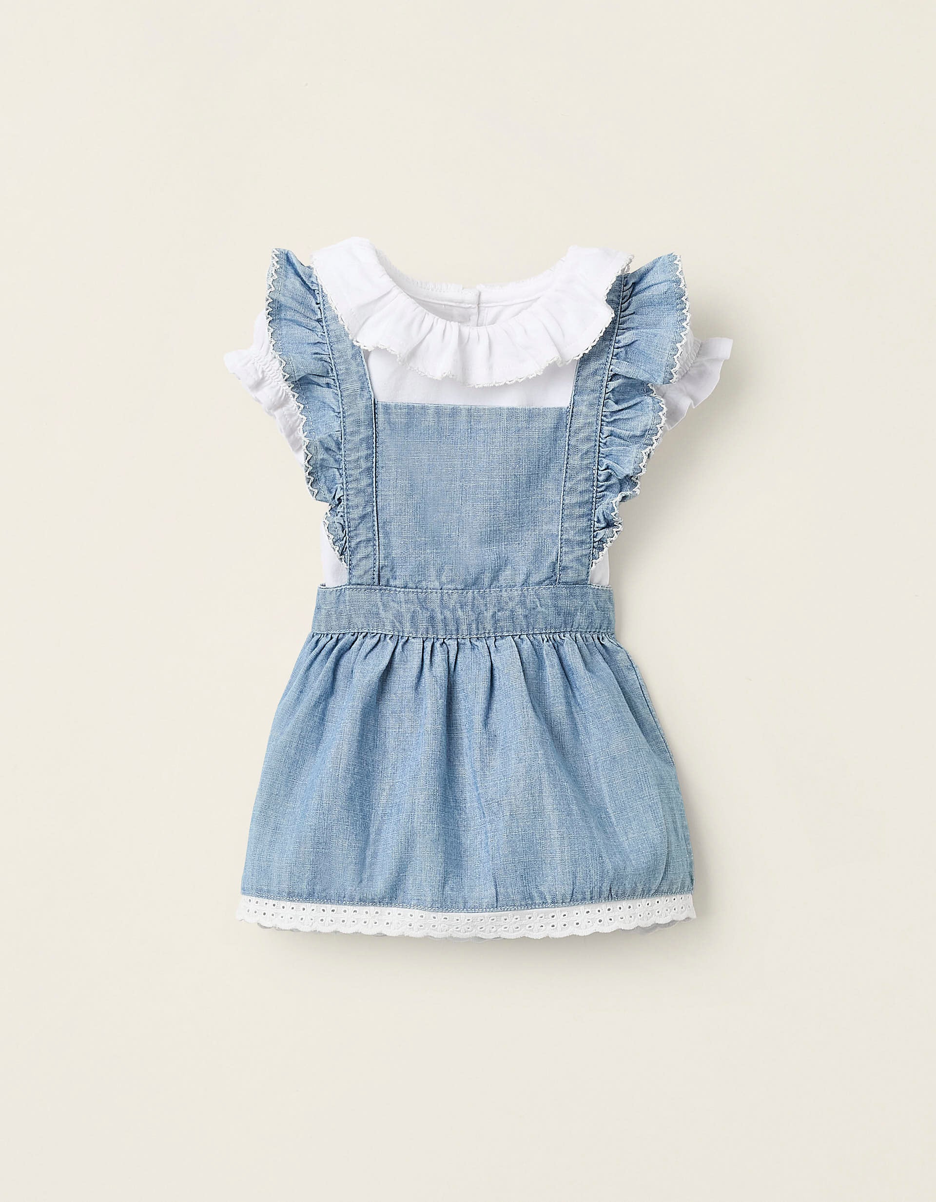 Wrapover Bodysuit + Pinafore Dress in Denim for Newborn Girls, White/Blue