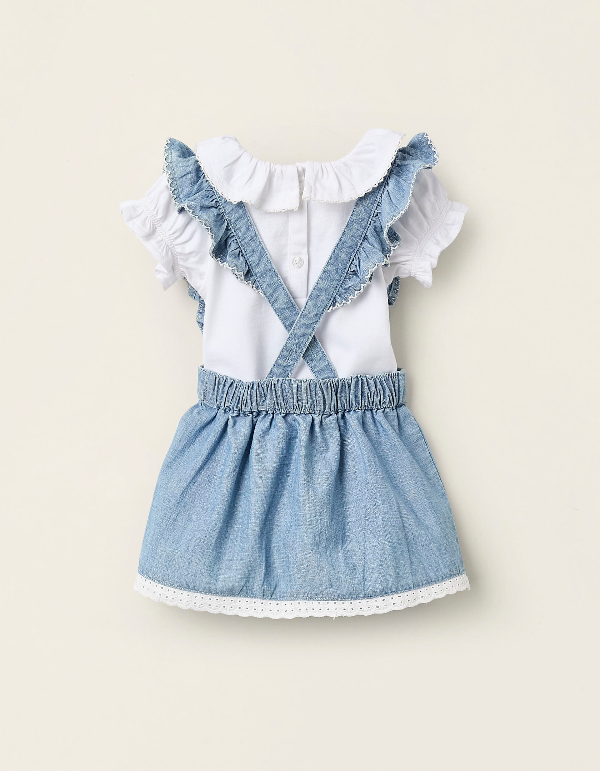 Wrapover Bodysuit + Pinafore Dress in Denim for Newborn Girls, White/Blue