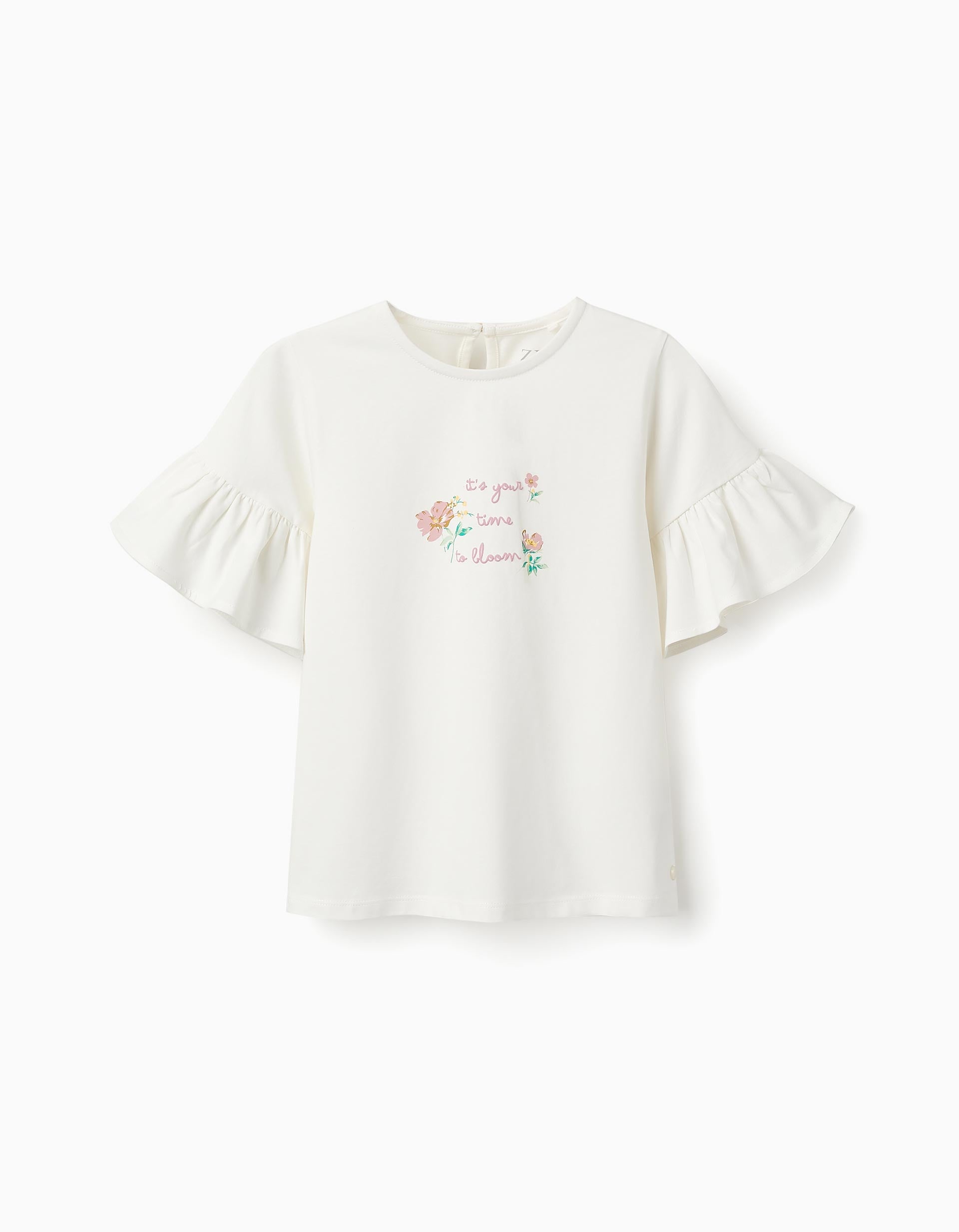 T-shirt com Mangas de Folhos para Menina, Branco