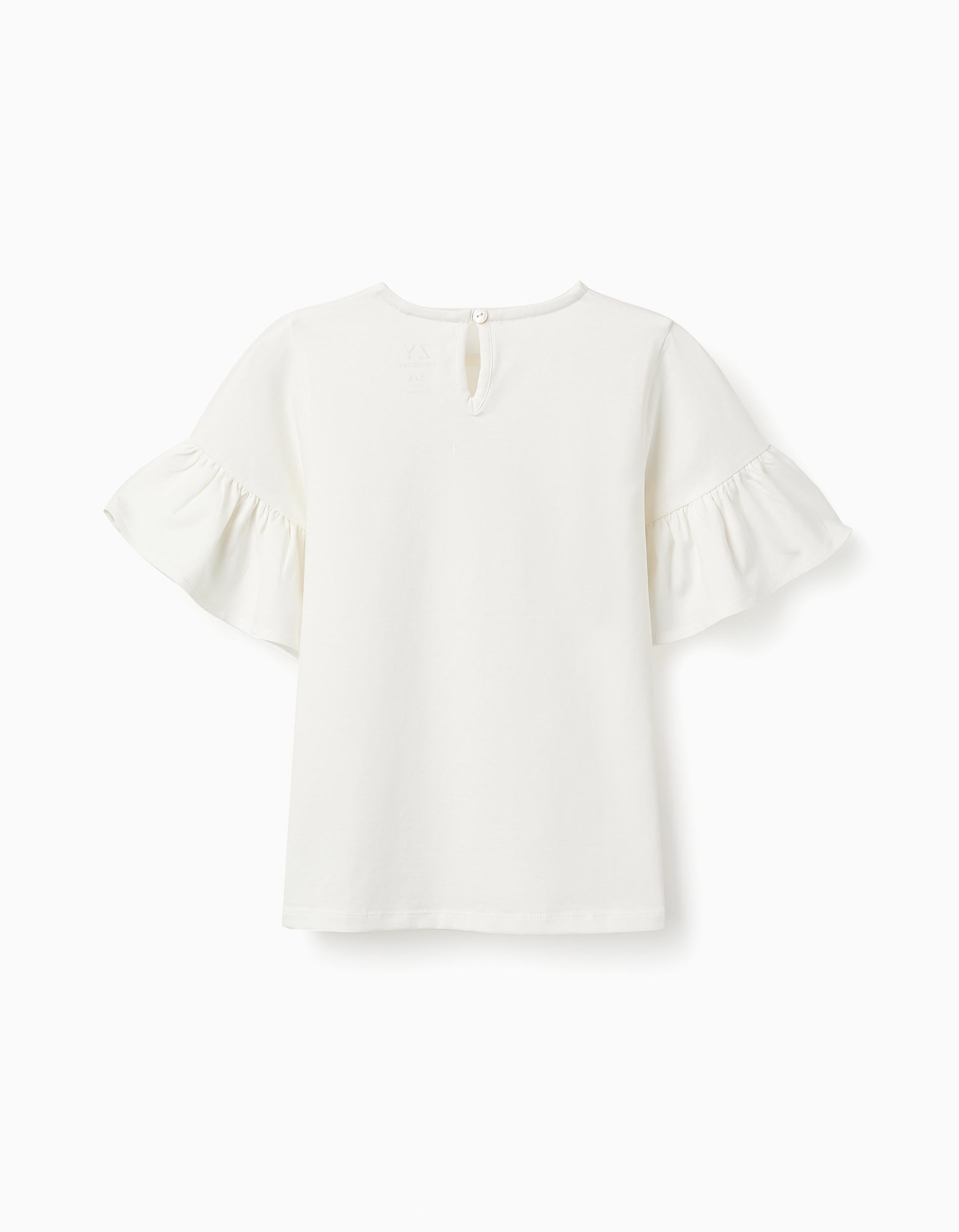 T-shirt com Mangas de Folhos para Menina, Branco