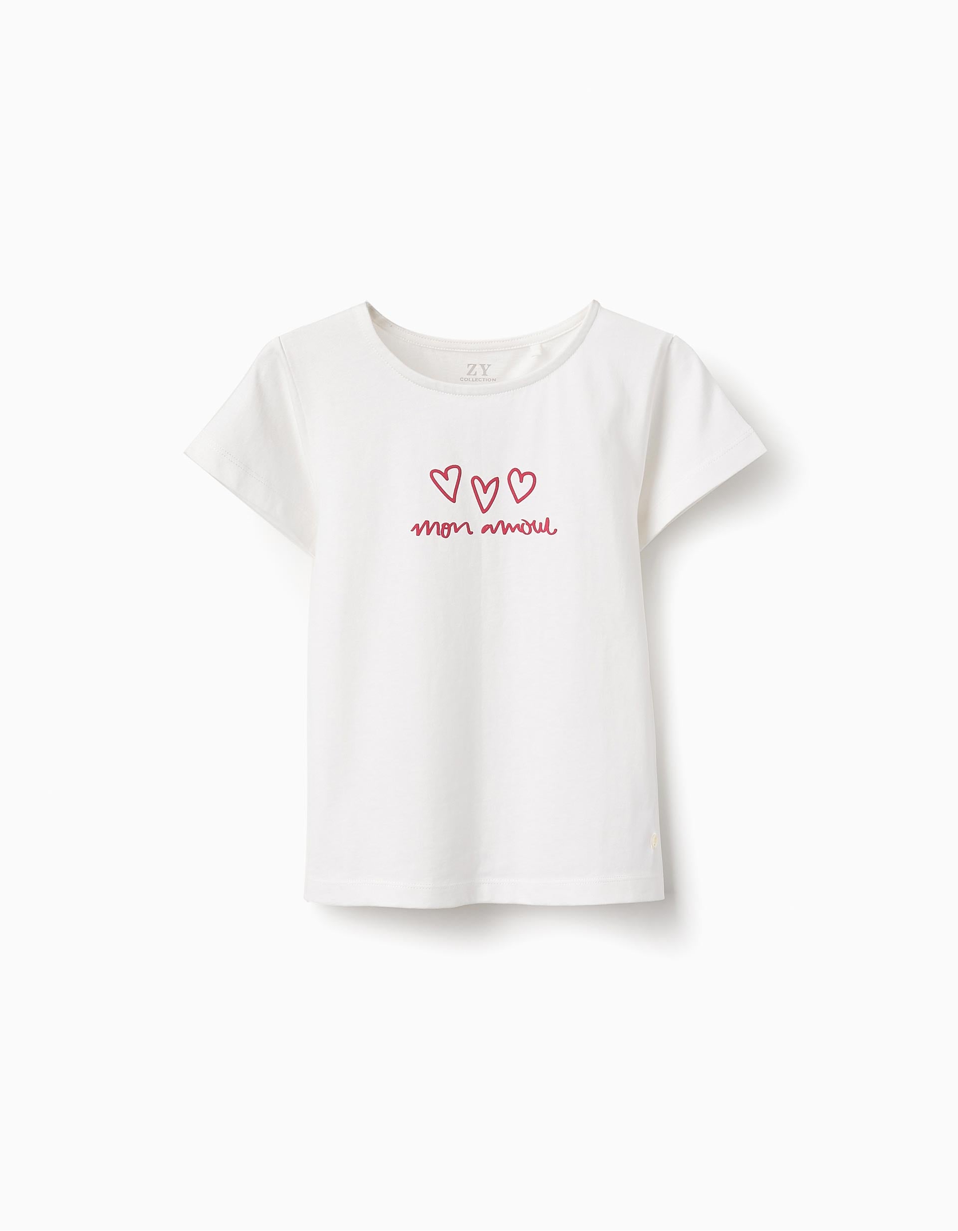 Camiseta de Algodón con Estampado para Niña, Blanco/Rojo