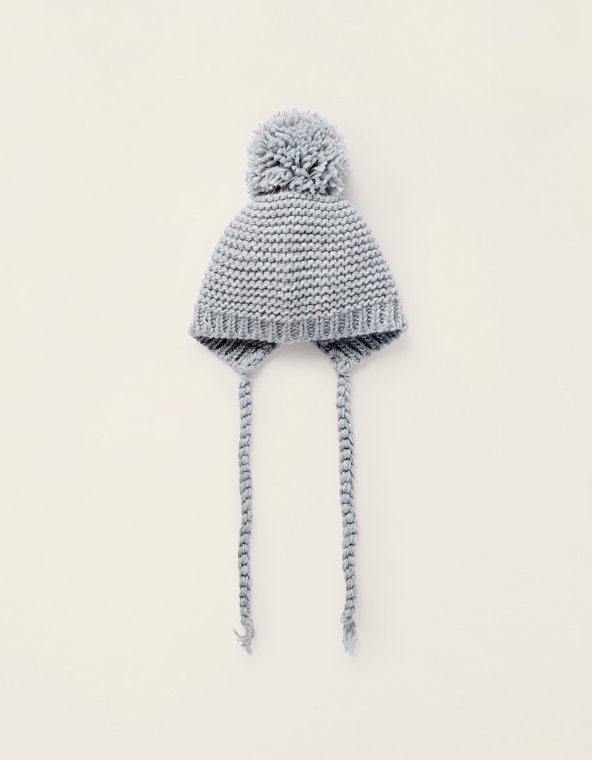 Knit Beanie with Pompom for Newborns, Grey