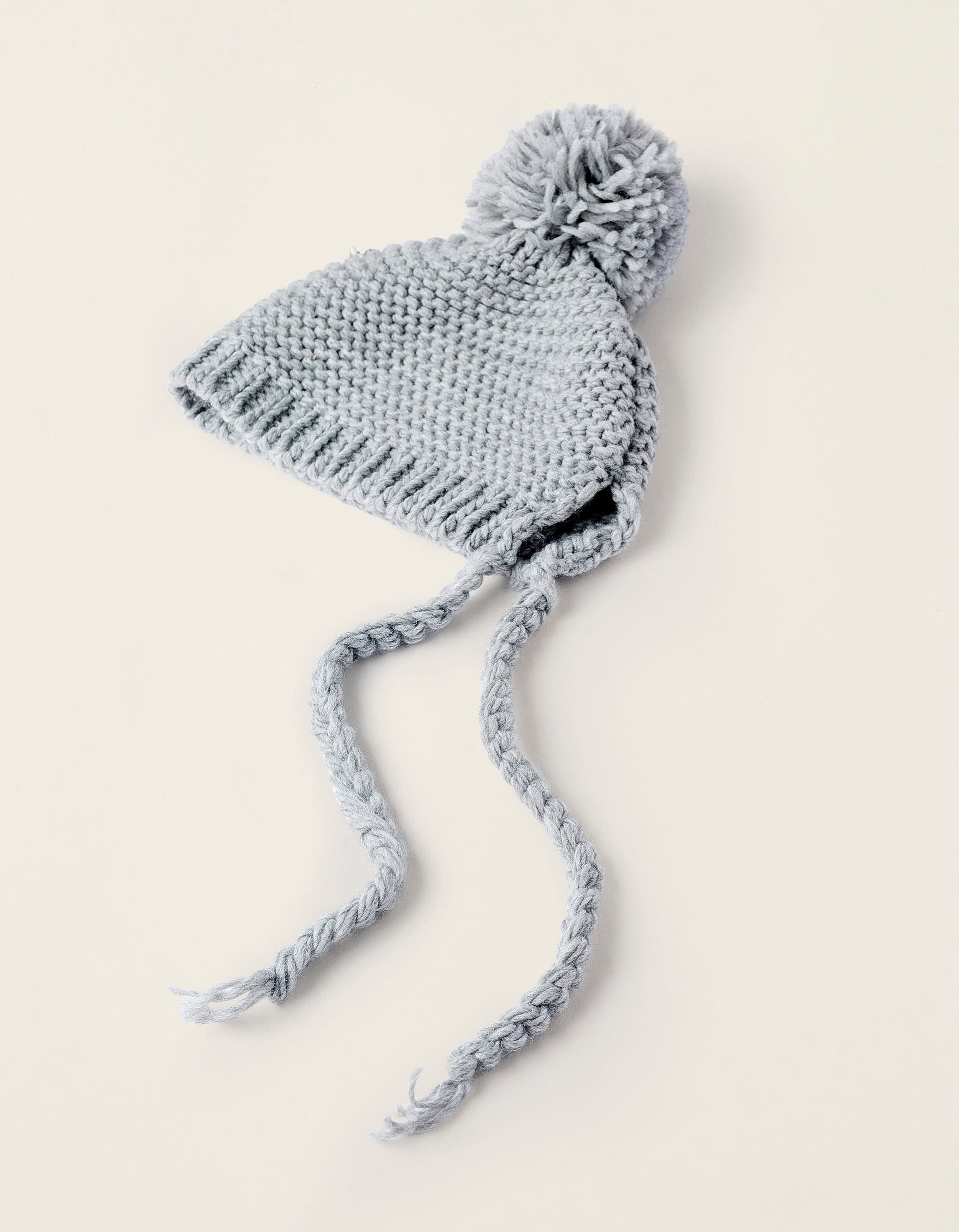 Knit Beanie with Pompom for Newborns, Grey