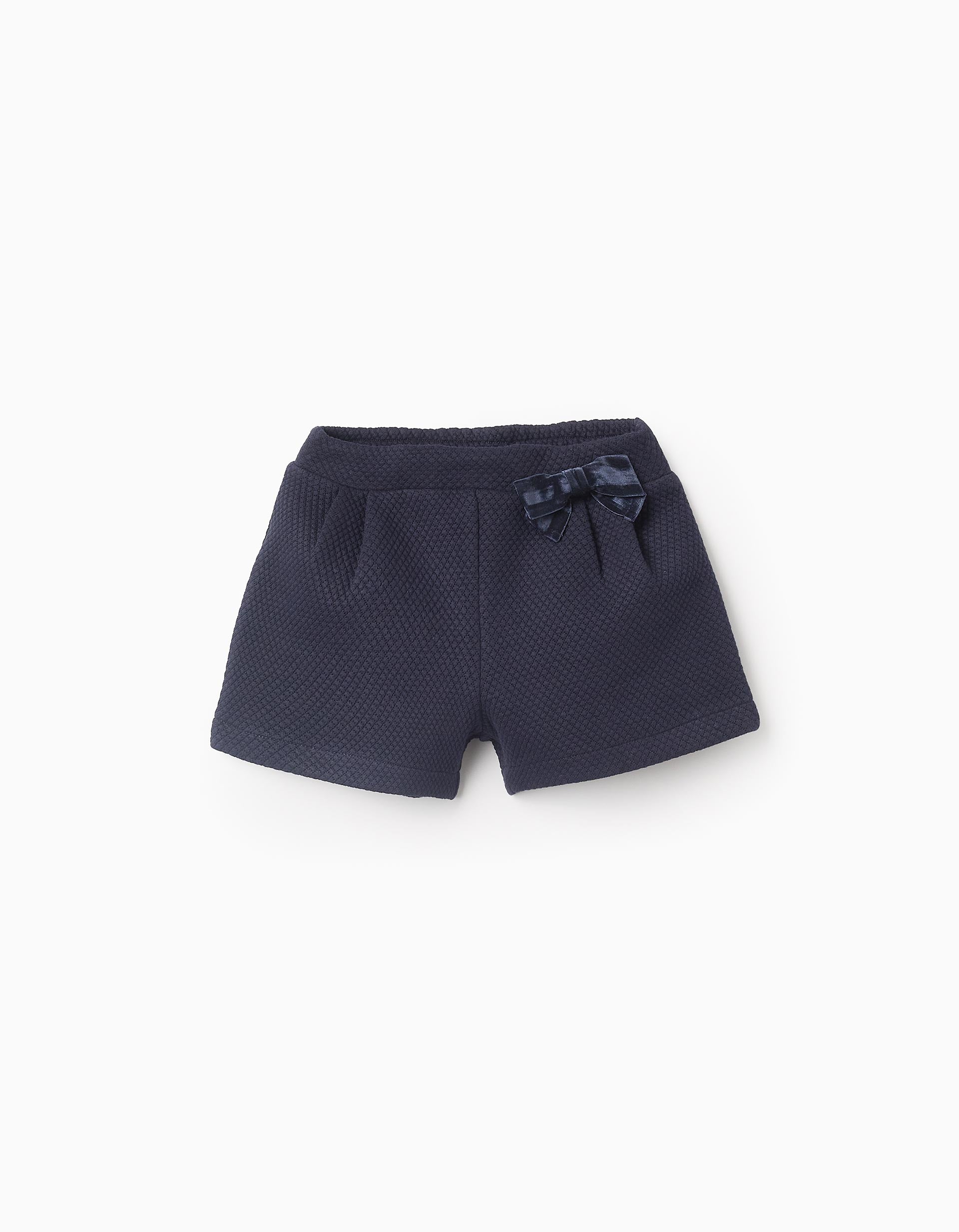 Textured Shorts with Velvet Bow for Baby Girls, Dark Blue