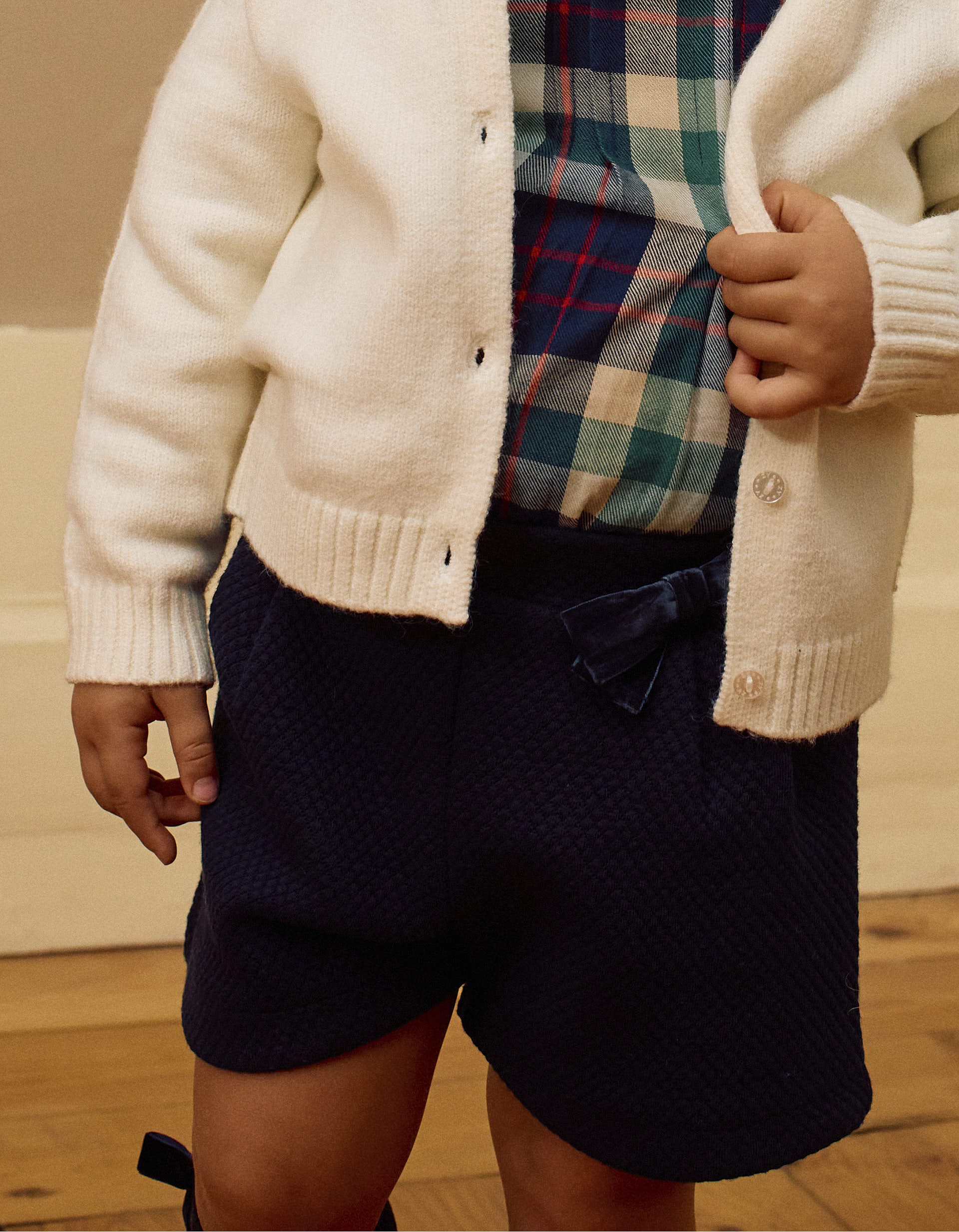 Textured Shorts with Velvet Bow for Baby Girls, Dark Blue