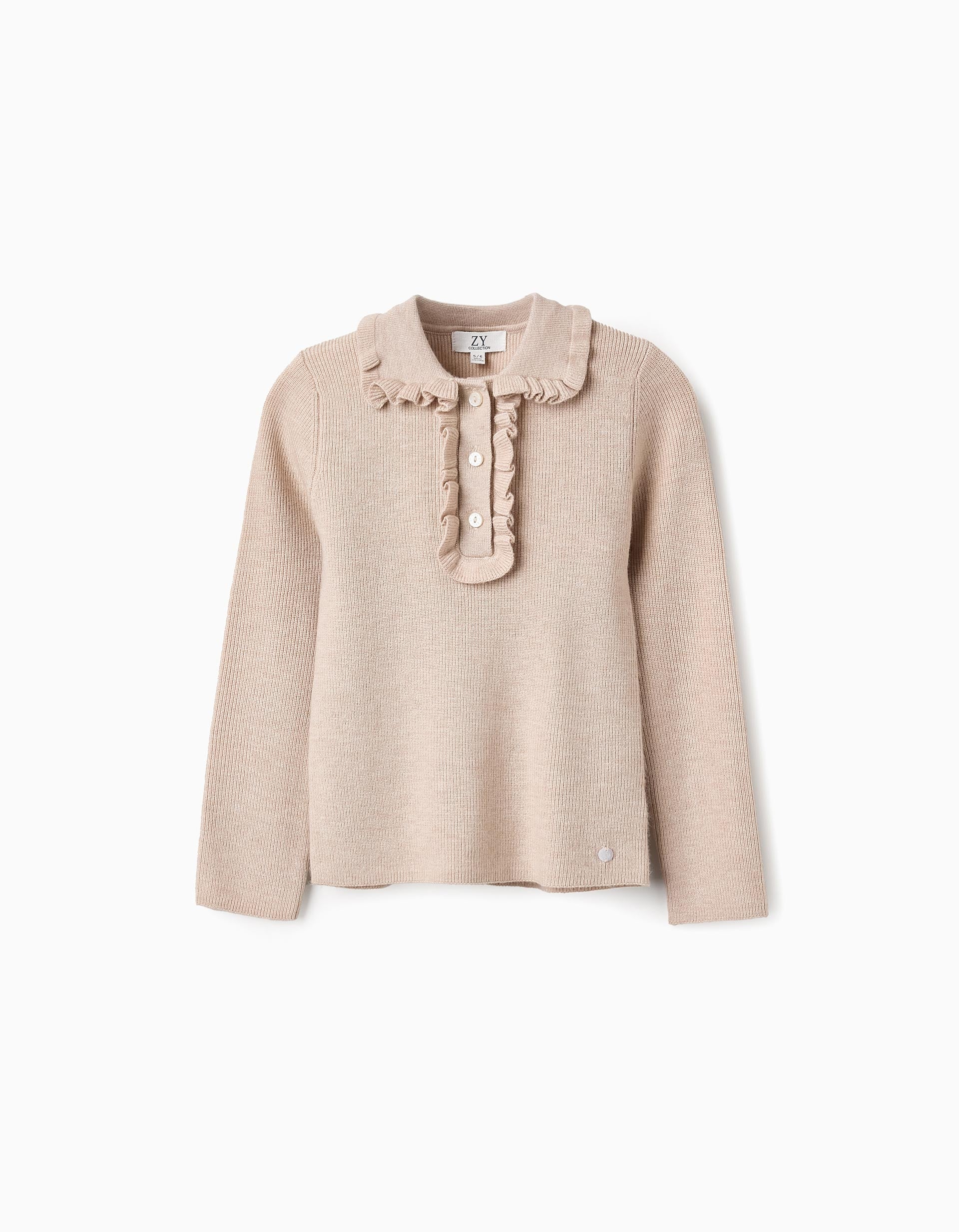 Jersey de Punto Canalé con Volantes para Niña, Beige