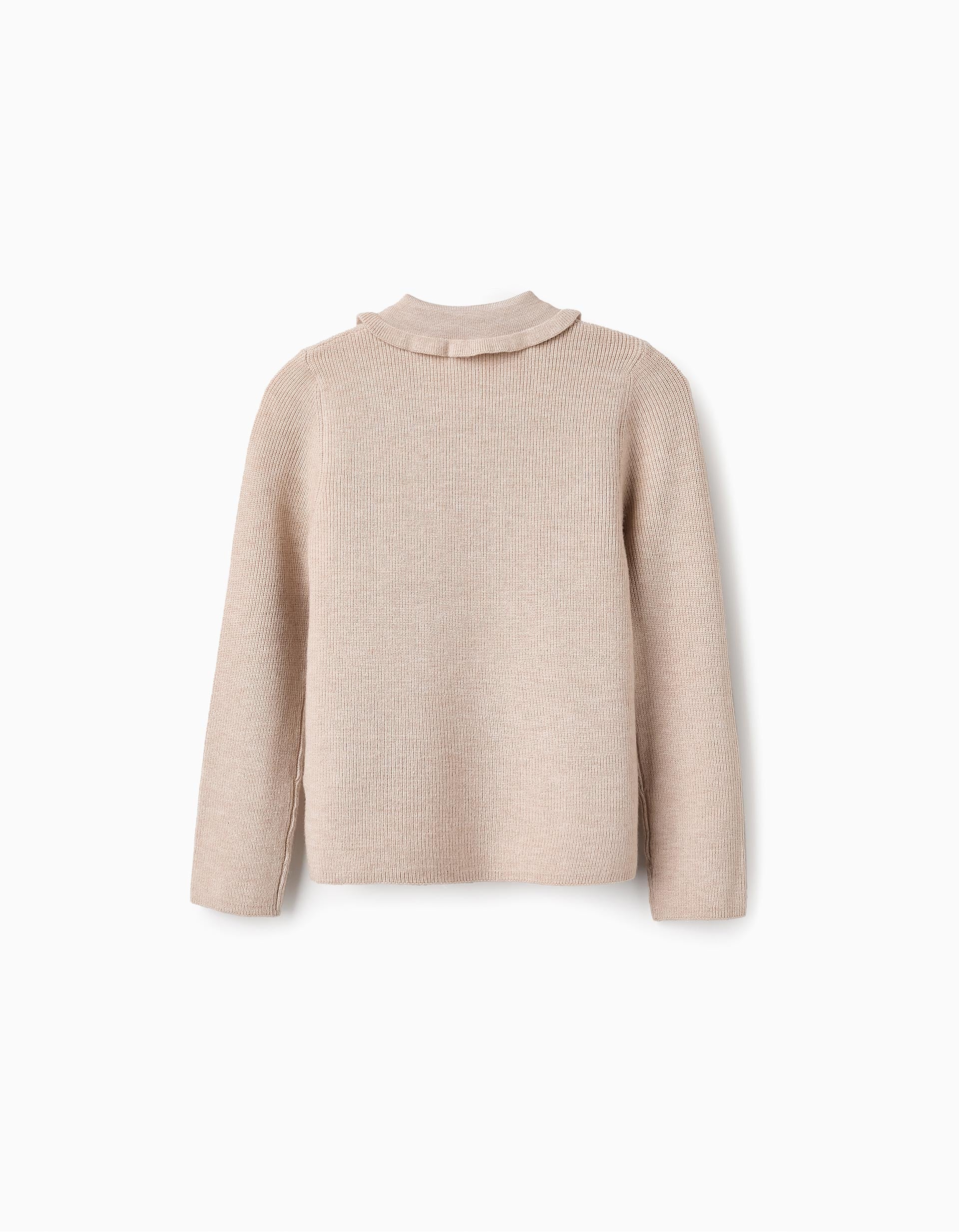 Pull en Maille Côtelée avec Volants pour Fille, Beige