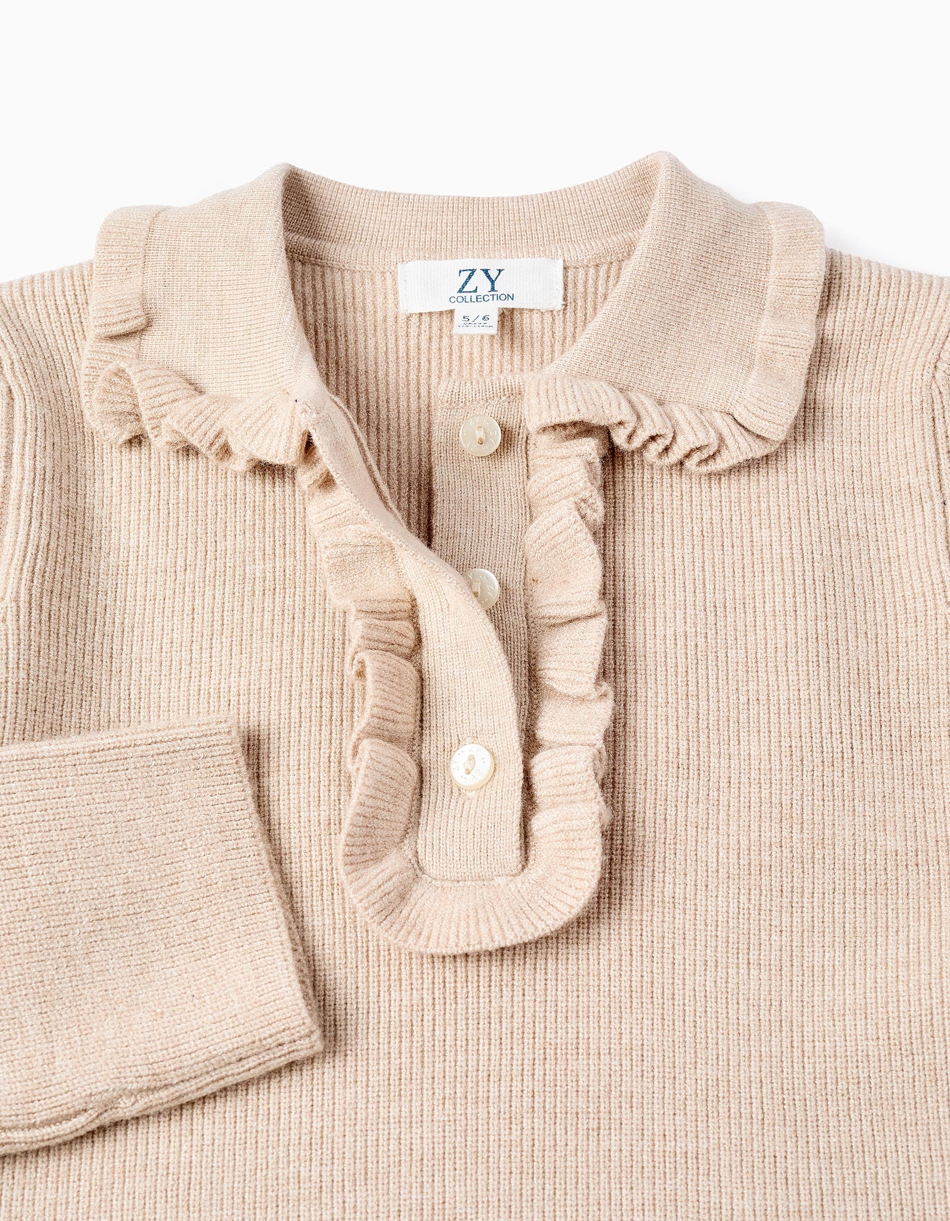 Pull en Maille Côtelée avec Volants pour Fille, Beige