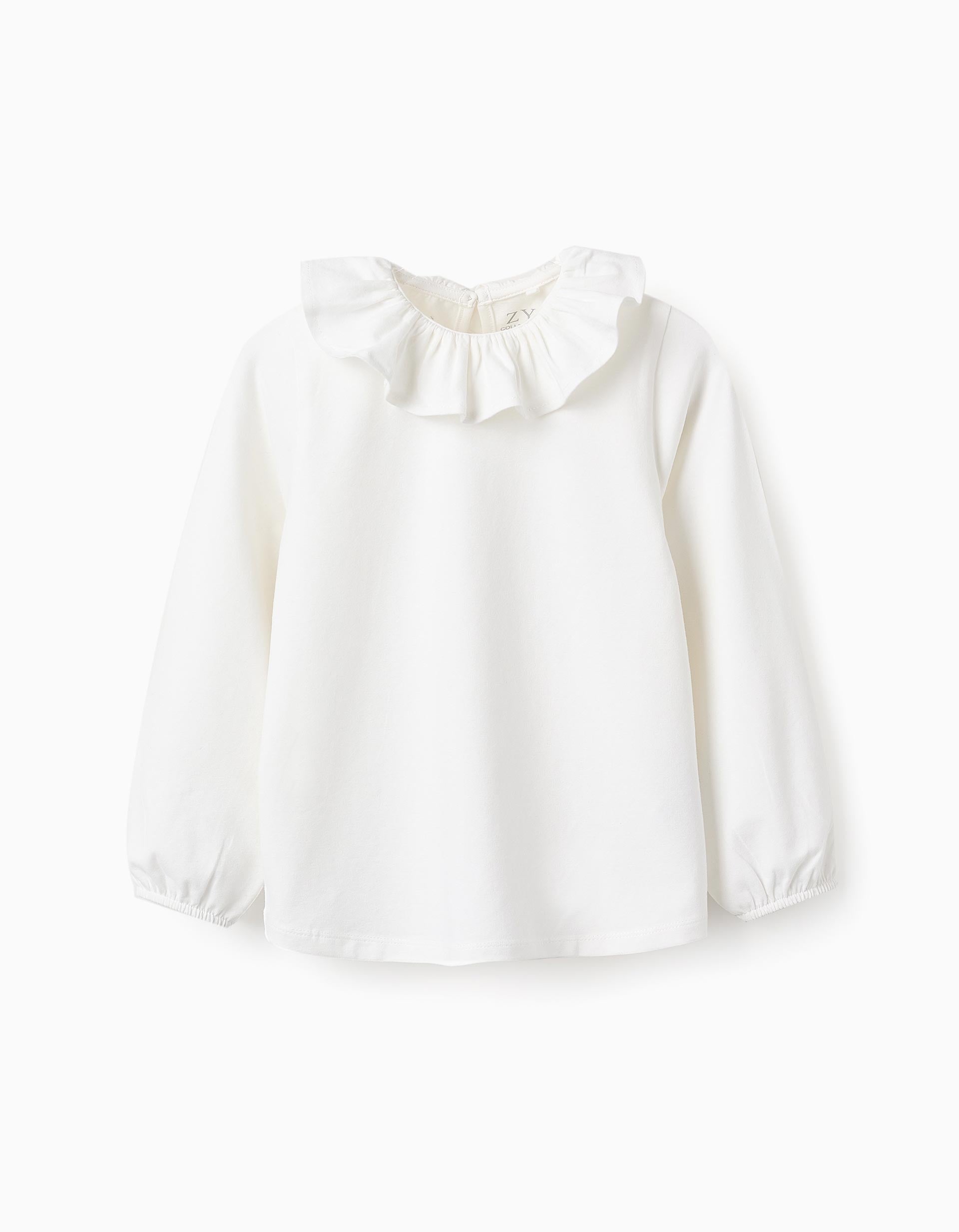 Camiseta de Manga Larga con Cuello de Volantes para Niña, Blanco