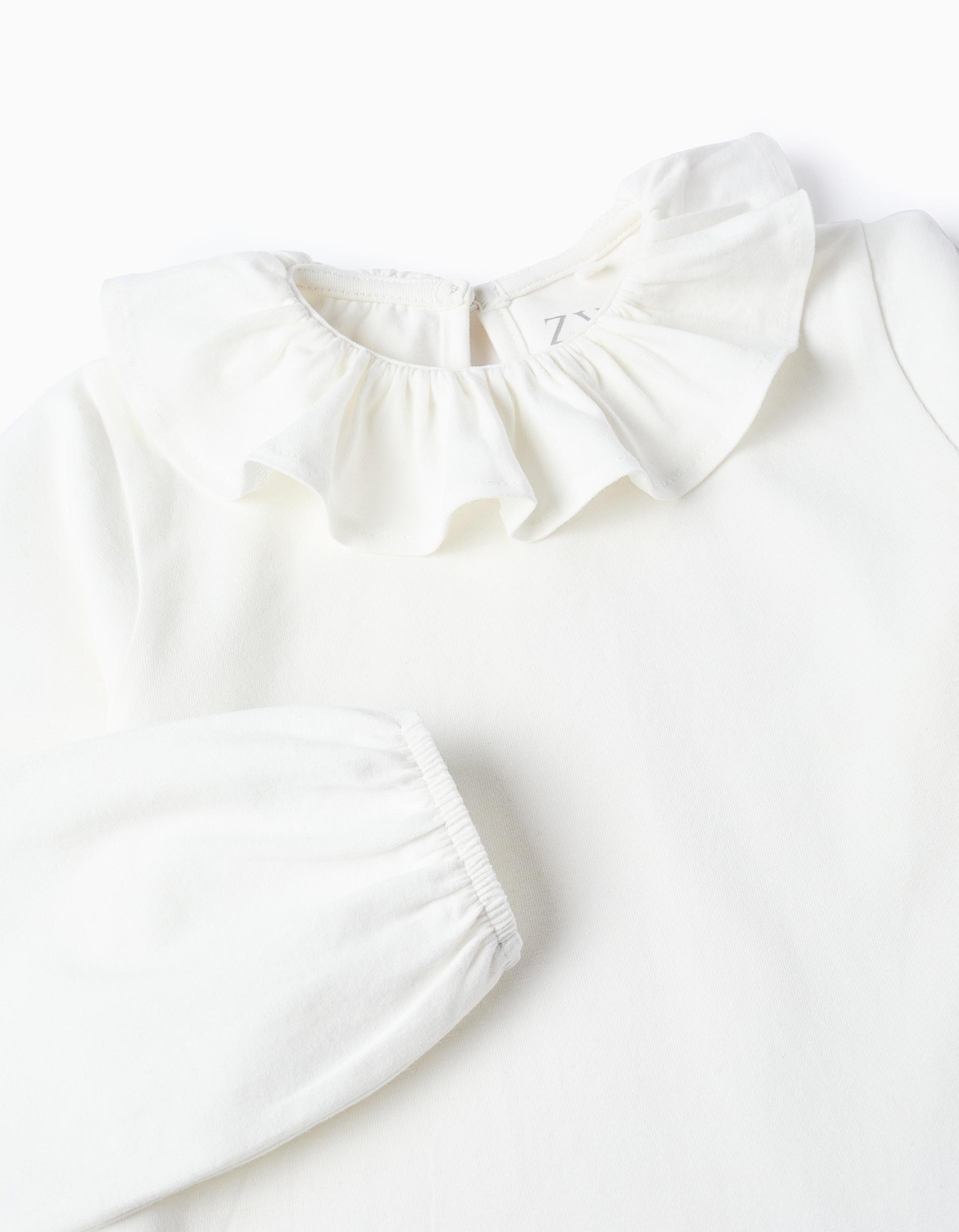 Camiseta de Manga Larga con Cuello de Volantes para Niña, Blanco